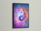 A black frame surrounds this Yin Yang artwork. The spiritual art piece promotes energy healing. It's ideal mystical wall decor for balance. The canvas print adds a contemporary style to your space.