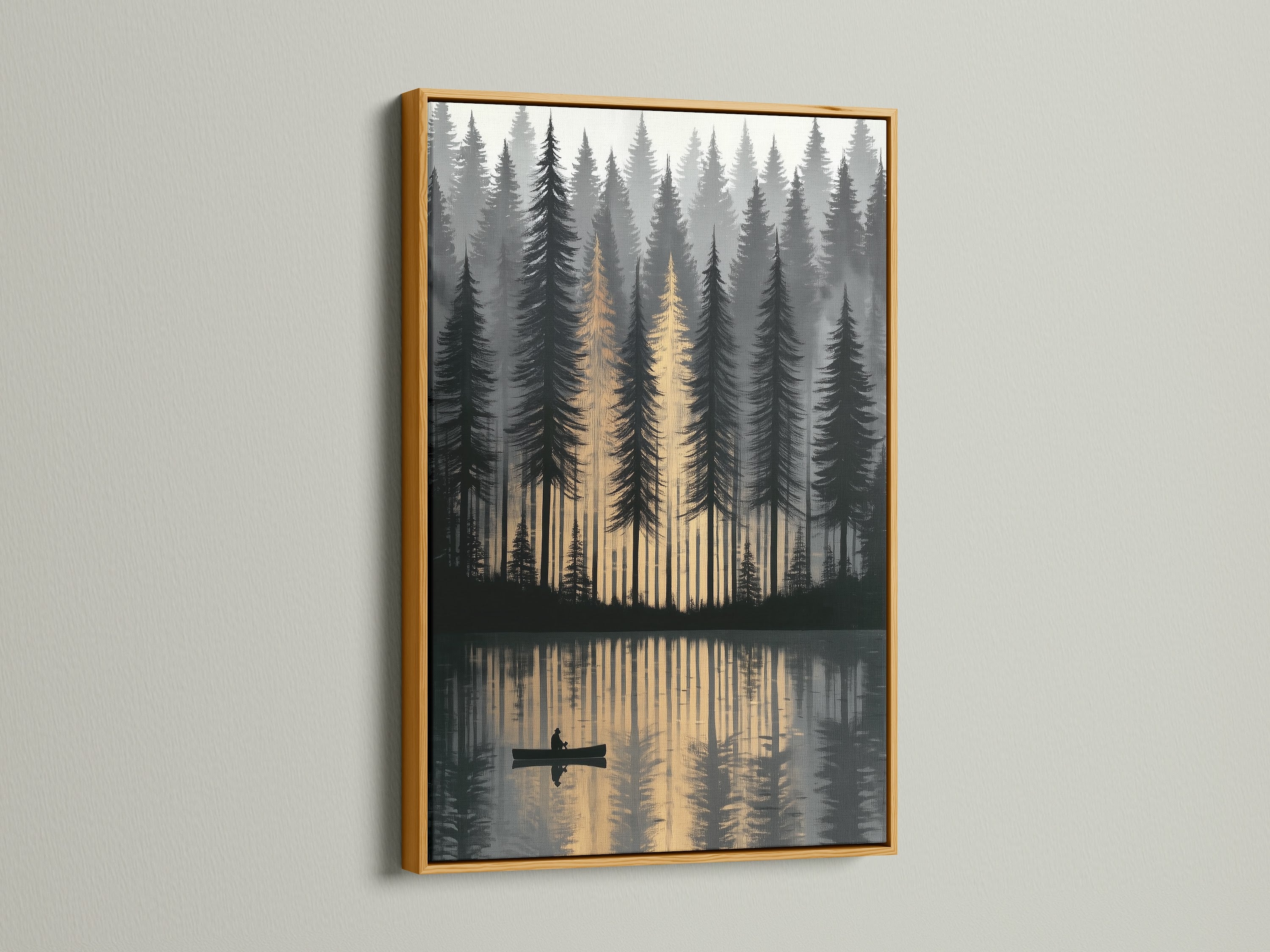 The forest canvas glows with a gold frame enhancing the golden hour reflection. This canoeing art makes a bold statement as nature wall art. It is a great piece of scenic artwork for creating tranquil decor. This lake art print is perfect for adding a luxurious touch.