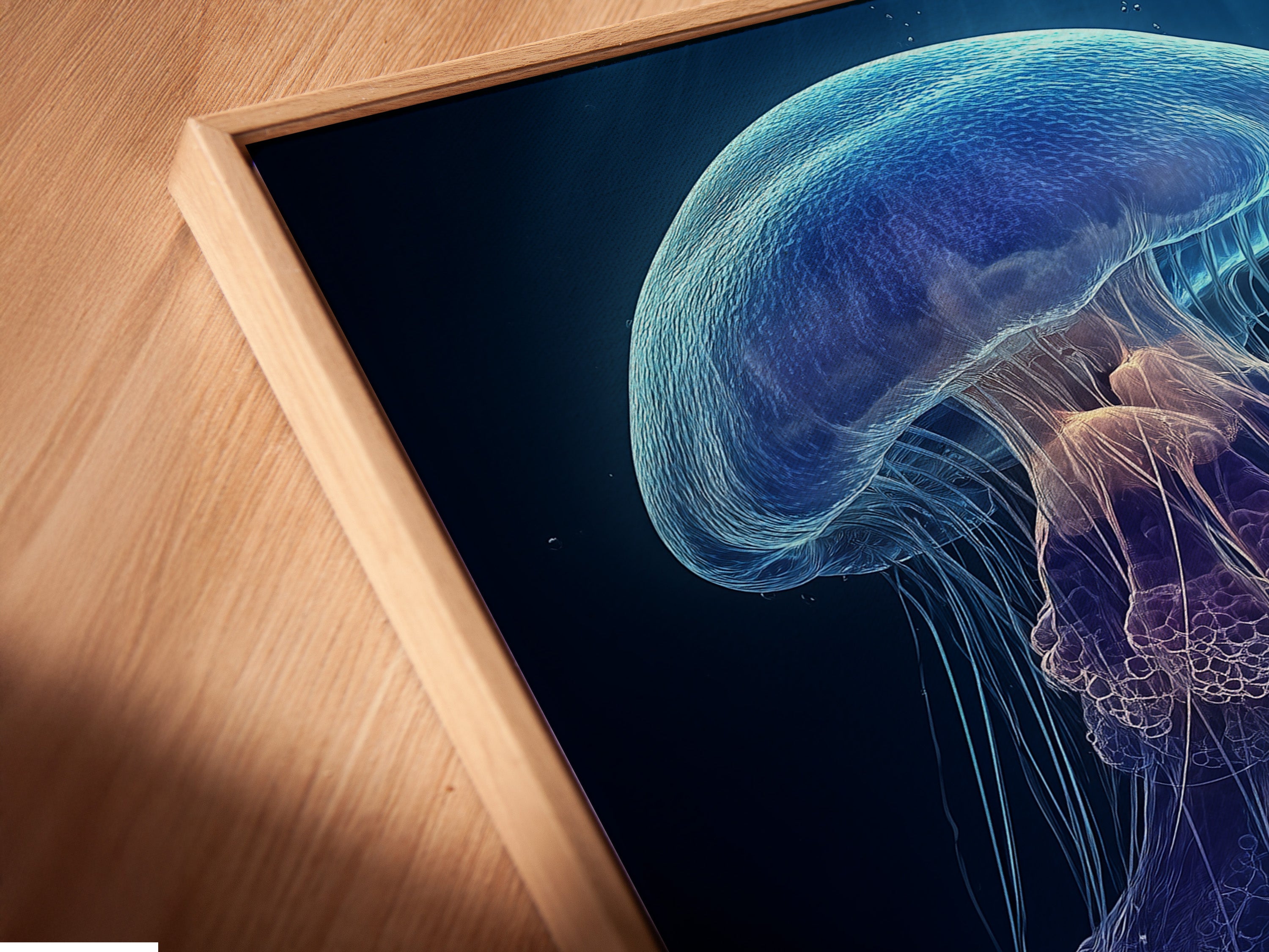 Close-up of a canvas print in a floating frame. The floating frame gives a modern gallery look. The canvas enhances the artwork's texture. This framed art is ready to hang. Transform your space with unique wall art.