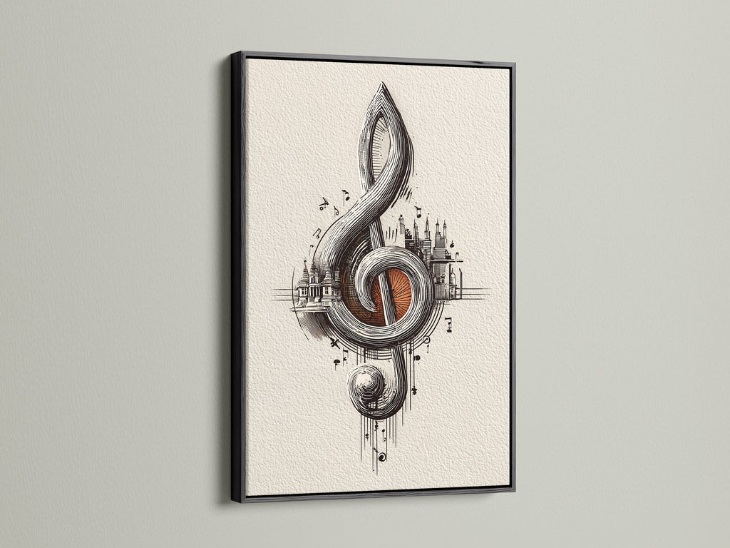 Treble clef art print displayed in a black frame. The black frame provides a bold contrast to the music city wall art. A great musician gift and a striking addition to a music studio. Perfect for classical music enthusiasts.