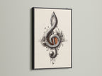 Treble clef art print displayed in a black frame. The black frame provides a bold contrast to the music city wall art. A great musician gift and a striking addition to a music studio. Perfect for classical music enthusiasts.