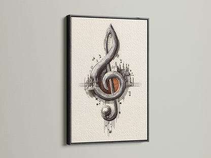 Treble clef art print displayed in a black frame. The black frame provides a bold contrast to the music city wall art. A great musician gift and a striking addition to a music studio. Perfect for classical music enthusiasts.