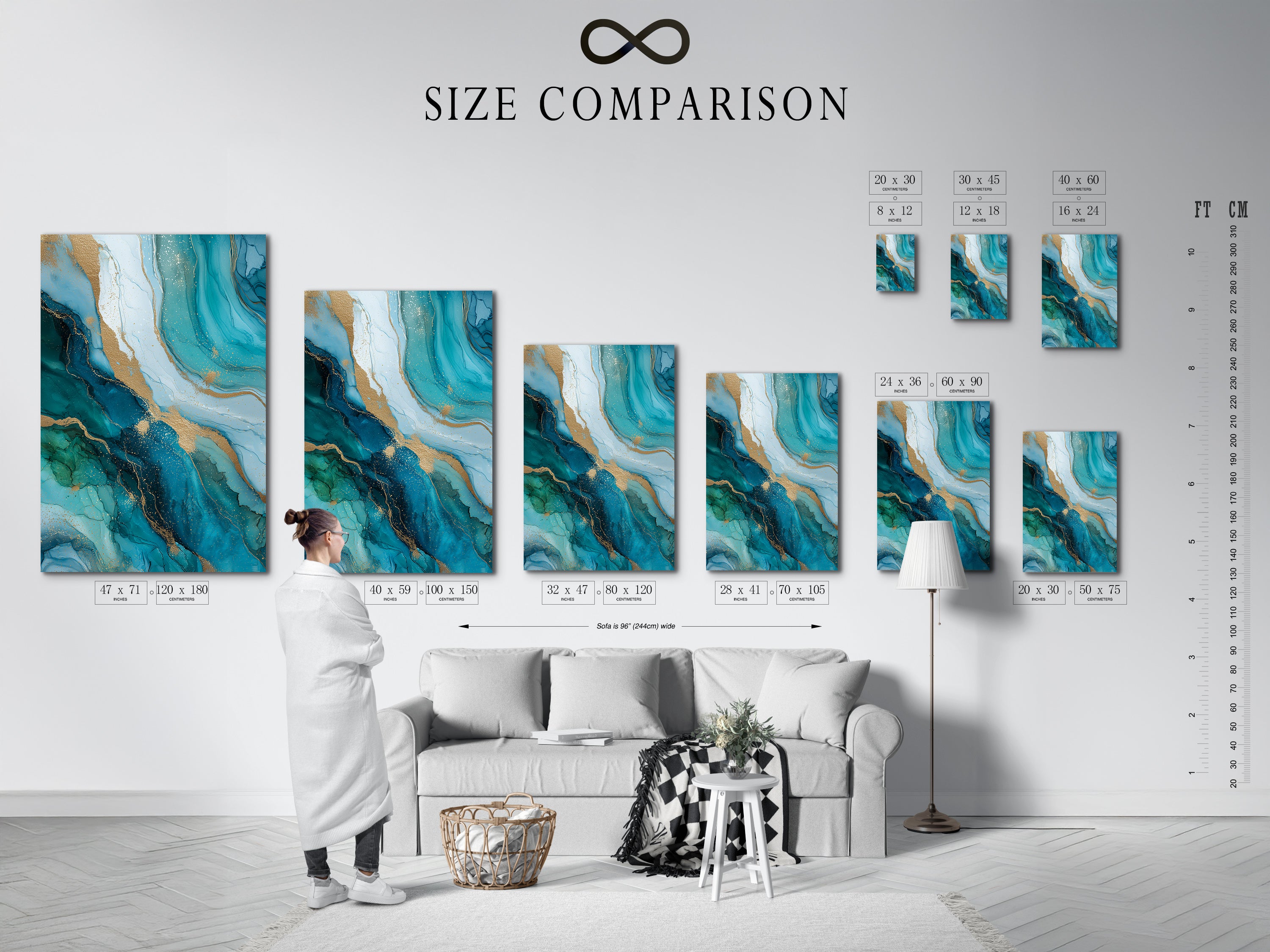 A size comparison chart is displayed in an interior setting. It showcases the different sizes available for the artwork. Visualize the perfect fit for your space. Find the ideal size to complement your modern wall decor. Transform your home.