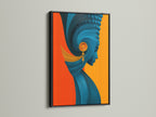 The abstract woman portrait is framed in sleek black. The black frame adds a bold contrast to the teal and orange artwork. The piece becomes a striking focal point. Ideal for modern decor and office wall art seeking sophistication.