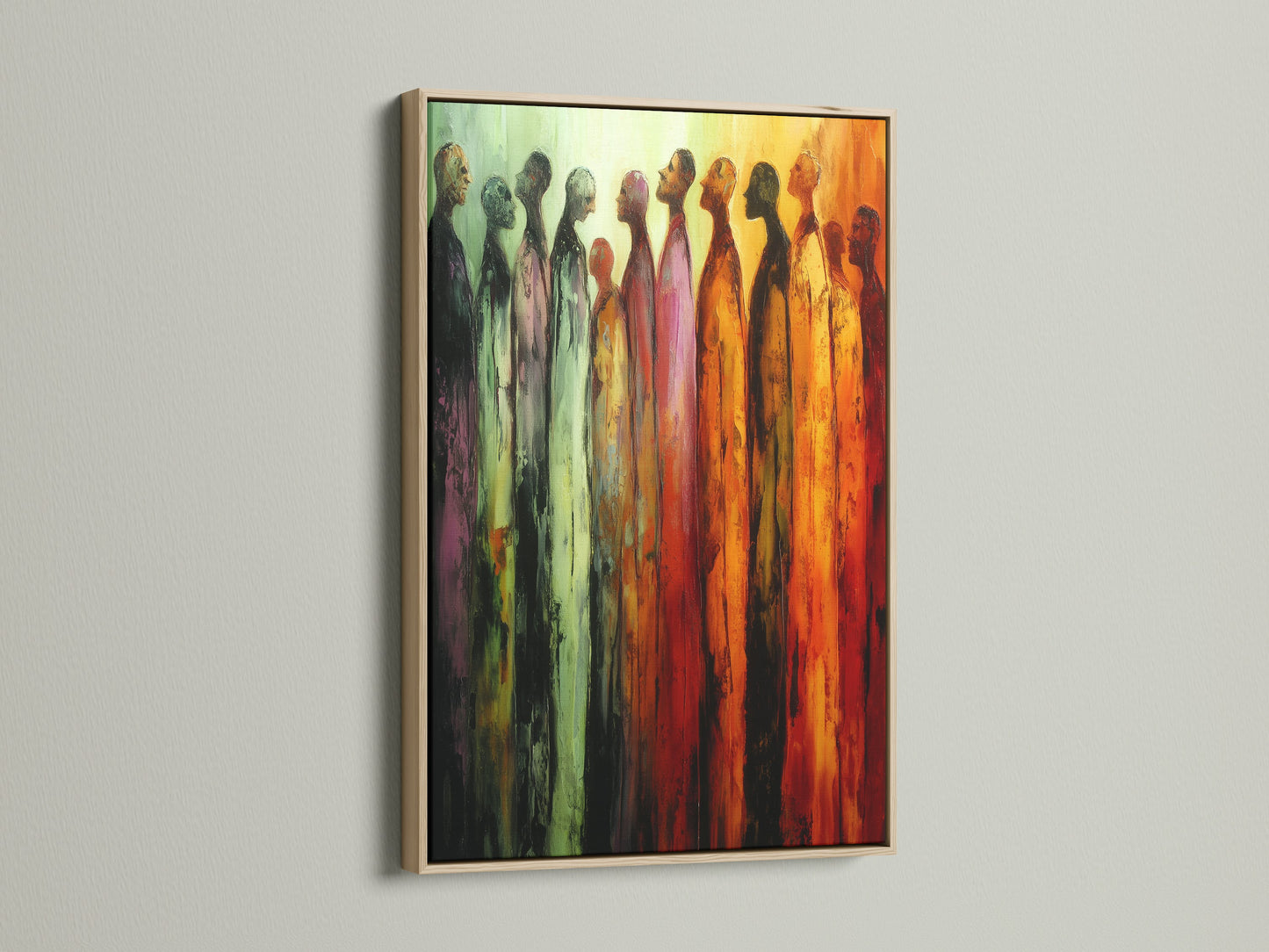 A figures artwork print is displayed in an oak frame. The art features abstract people in warm tones. This piece is ideal for hallway wall art. The oak frame complements modern interiors. Add a touch of elegance to your home.