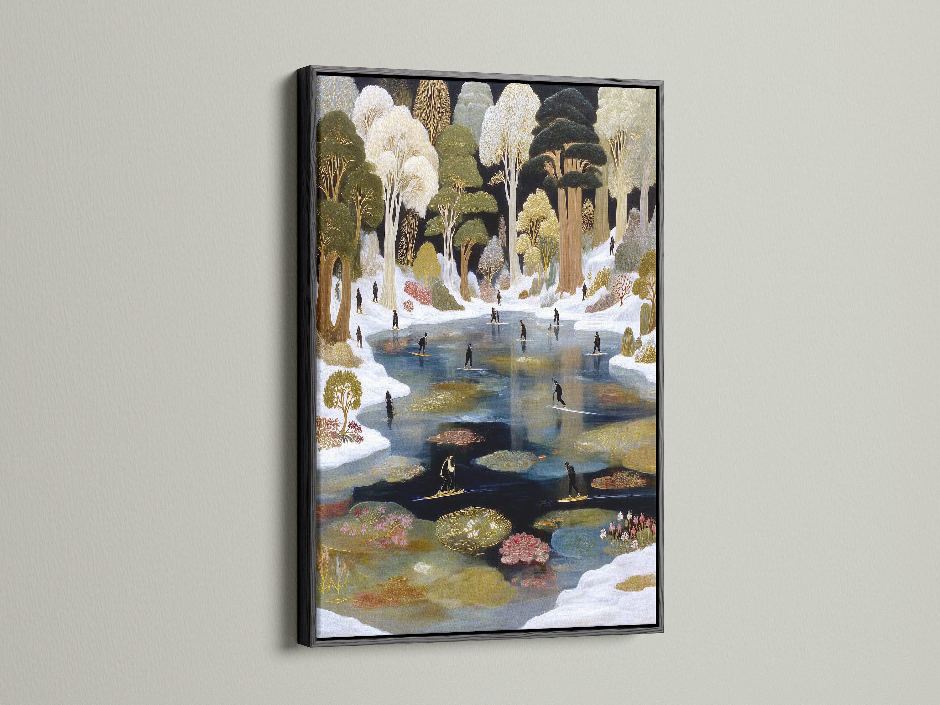 The Winter Pond artwork is presented in a black frame. The vintage ice skating print creates a bold contrast. This folk art canvas is suitable for rustic styles. Elevate your office or studio with this piece.