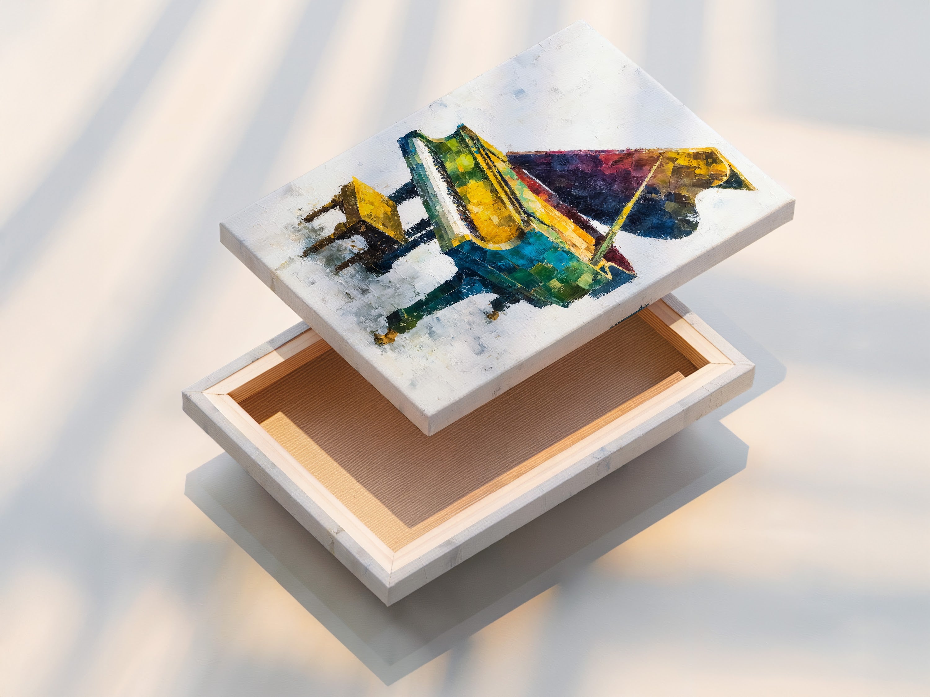 A stretched canvas print features colorful piano artwork. This abstract music canvas wall art is ready to hang. Perfect for music room decor or as a vibrant addition to your home. This grand piano print makes a statement. It is ideal for music lovers.