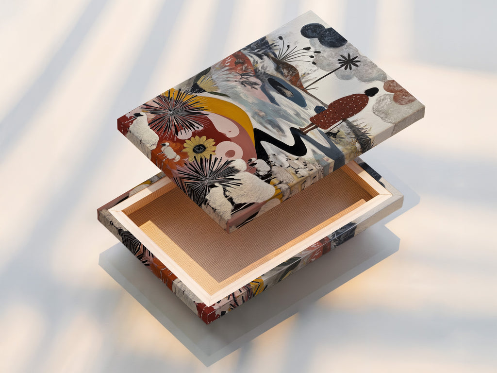 A stretched canvas print showcases vibrant colors and intricate details. The artwork features a figure walking along a winding path. Sheep graze in a field of flowers. The stretched canvas print is ready to hang. Shop our canvas prints now.