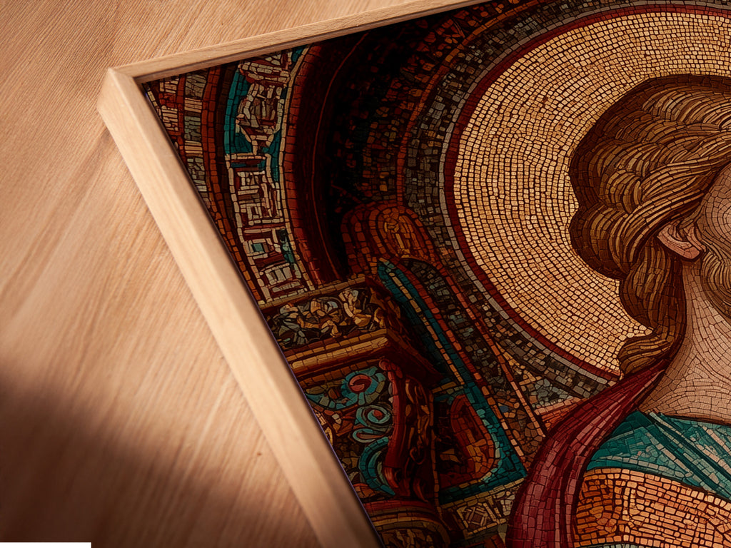 A close-up angled view of a canvas print in a floating frame. The frame enhances the artwork. The artwork features a mosaic-style depiction of a religious figure. Add a touch of elegance to your space.