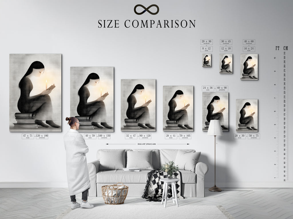 Size comparison chart in an interior setting. The chart showcases available sizes for minimalist woman reading artwork. Choose the perfect dimensions for your space whether it's for a study room or reading nook.
