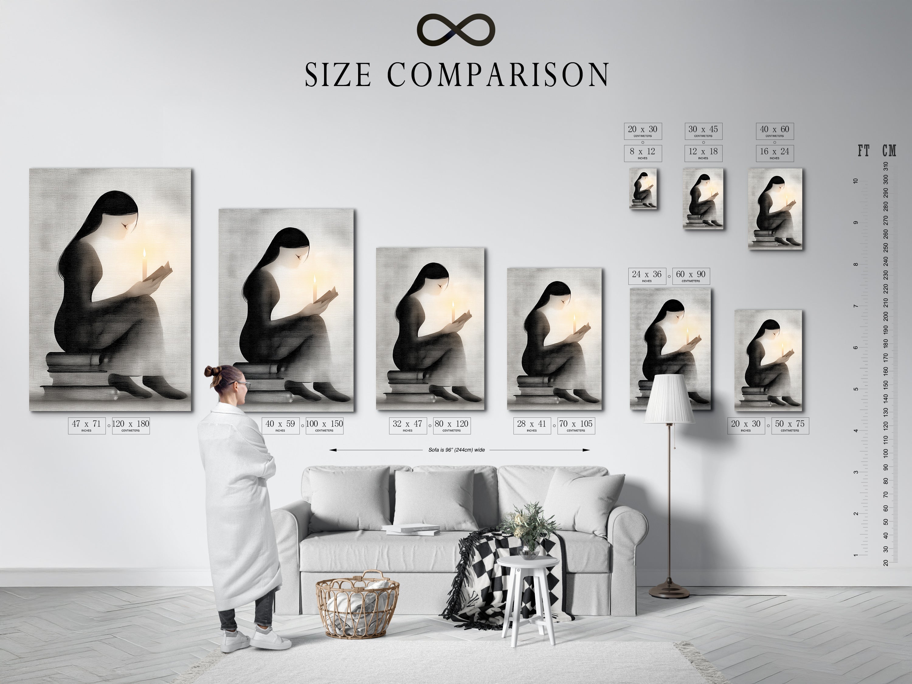 Size comparison chart in an interior setting. The chart showcases available sizes for minimalist woman reading artwork. Choose the perfect dimensions for your space whether it's for a study room or reading nook.