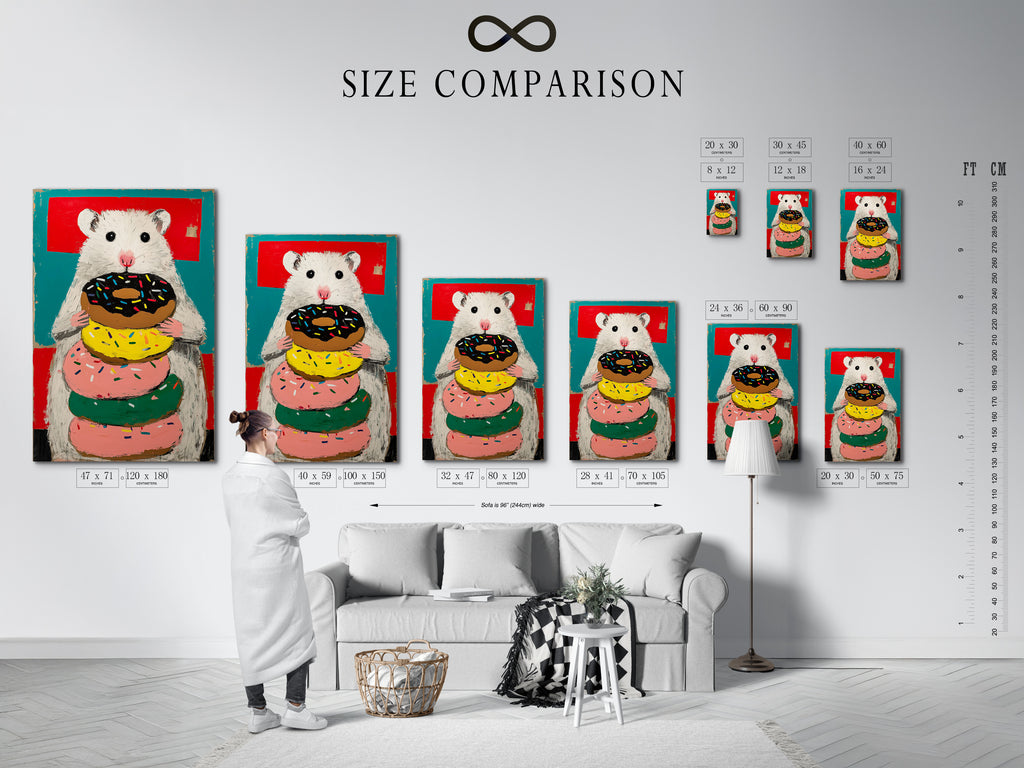 Size comparison chart in interior. See how this hamster with donuts artwork fits in your space. This is a great addition to your home. It is perfect for art collectors looking for playful pieces.
