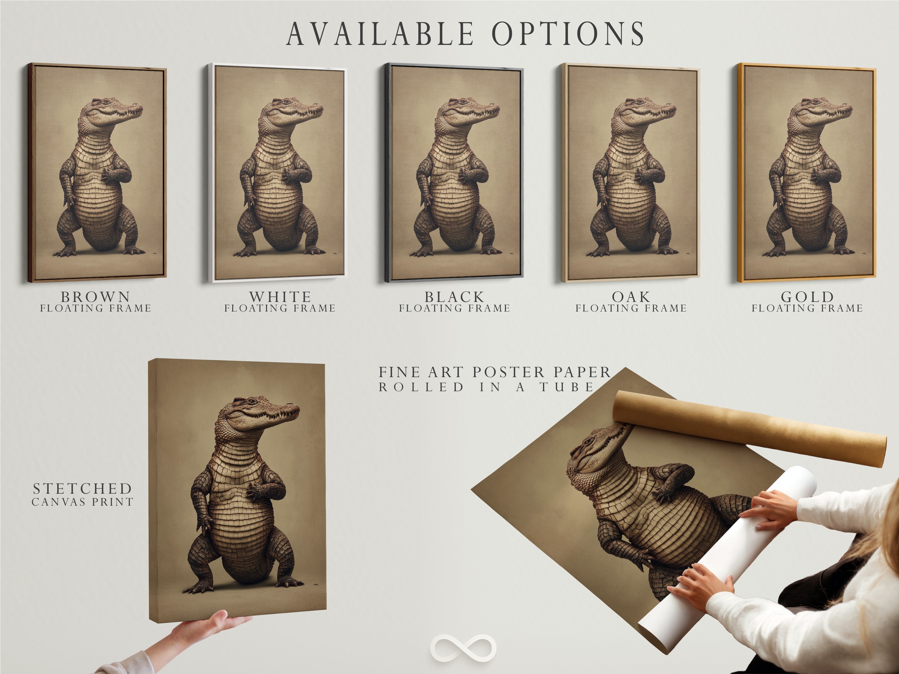 Explore our available options for the alligator artwork. Choose from a stretched canvas print or fine art poster paper. The sepia wildlife poster is perfect for any decor. Add a floating frame to enhance your vintage animal art. Customize your perfect piece today.