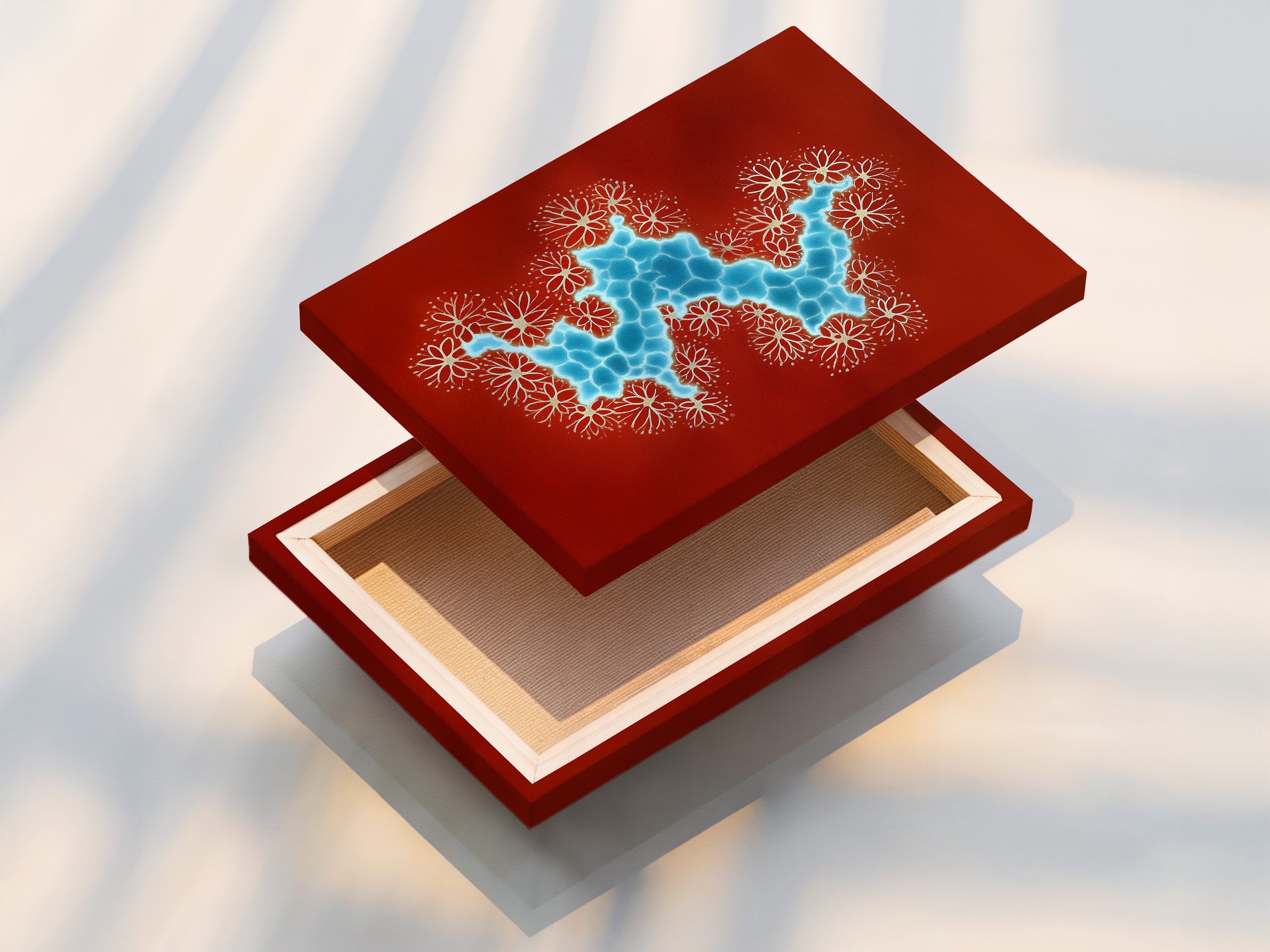 Stretched canvas print featuring abstract river art. The artwork showcases a terracotta and blue color palette. This contemporary canvas adds a touch of nature and sophistication to any space. Ideal for adding rust blue decor to your home.