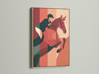 Equestrian themed artwork in an oak frame. The art depicts a horse and rider in a modern style. The oak frame adds a touch of natural elegance. Enhance your home decor with framed artwork.