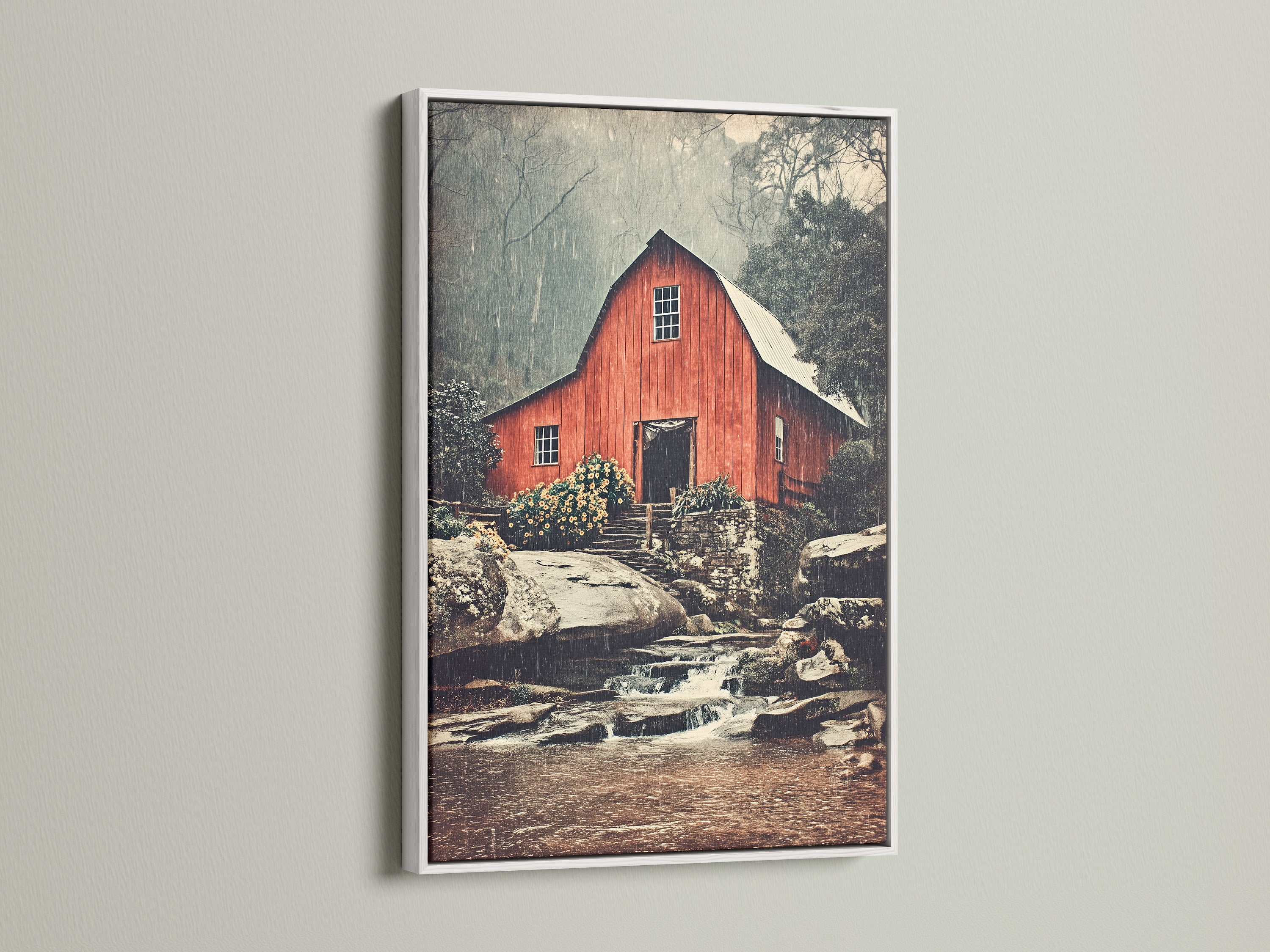A white frame surrounds the red barn artwork. This country landscape poster brings a clean and classic look to any room. The farmhouse print offers vintage barn art for your walls.