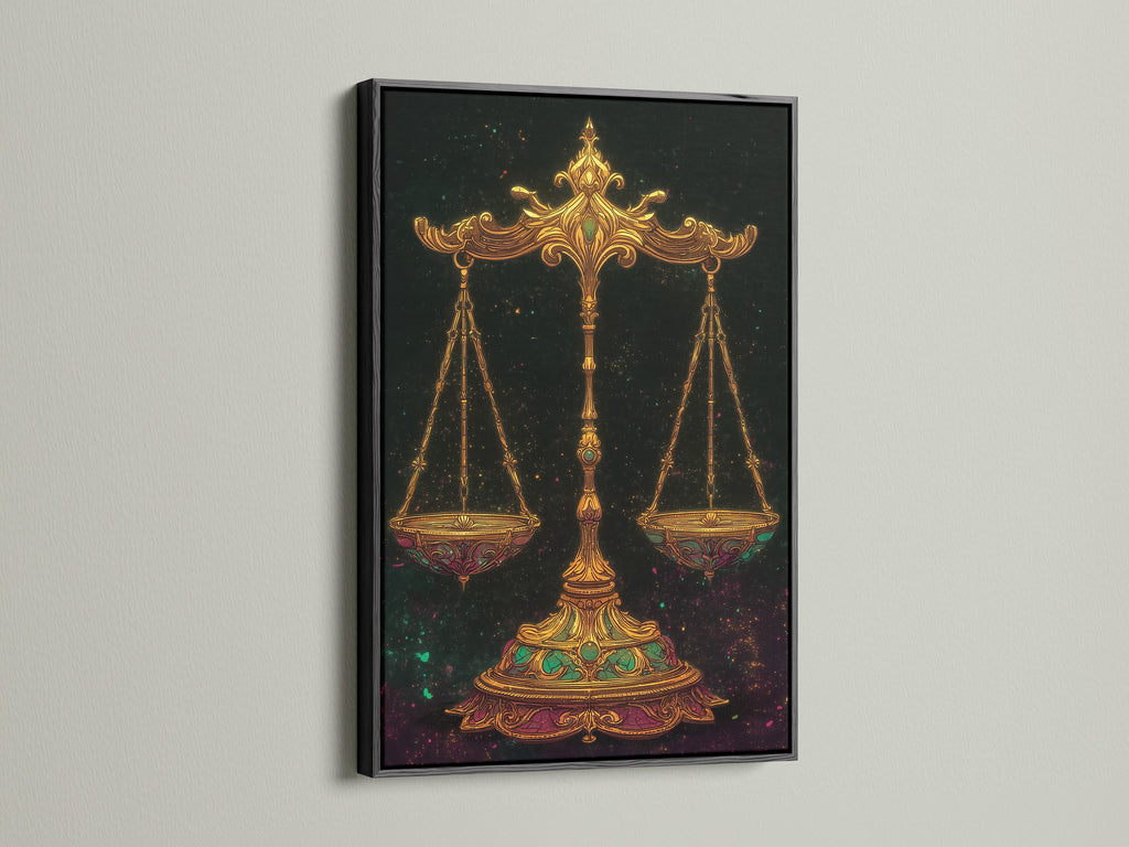 Add a touch of drama to your space with our striking Libra Zodiac Art Print. The black frame offers a bold contrast to this scales of justice artwork. Ideal for creating a sophisticated astrology wall art display. Enhance your home decor with this celestial print.