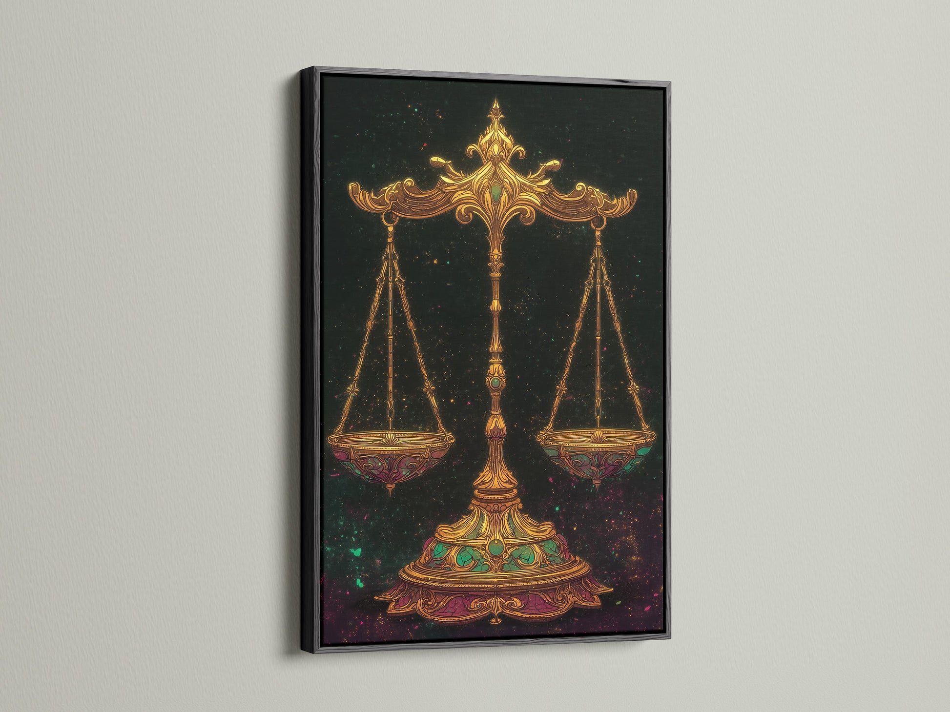 Add a touch of drama to your space with our striking Libra Zodiac Art Print. The black frame offers a bold contrast to this scales of justice artwork. Ideal for creating a sophisticated astrology wall art display. Enhance your home decor with this celestial print.
