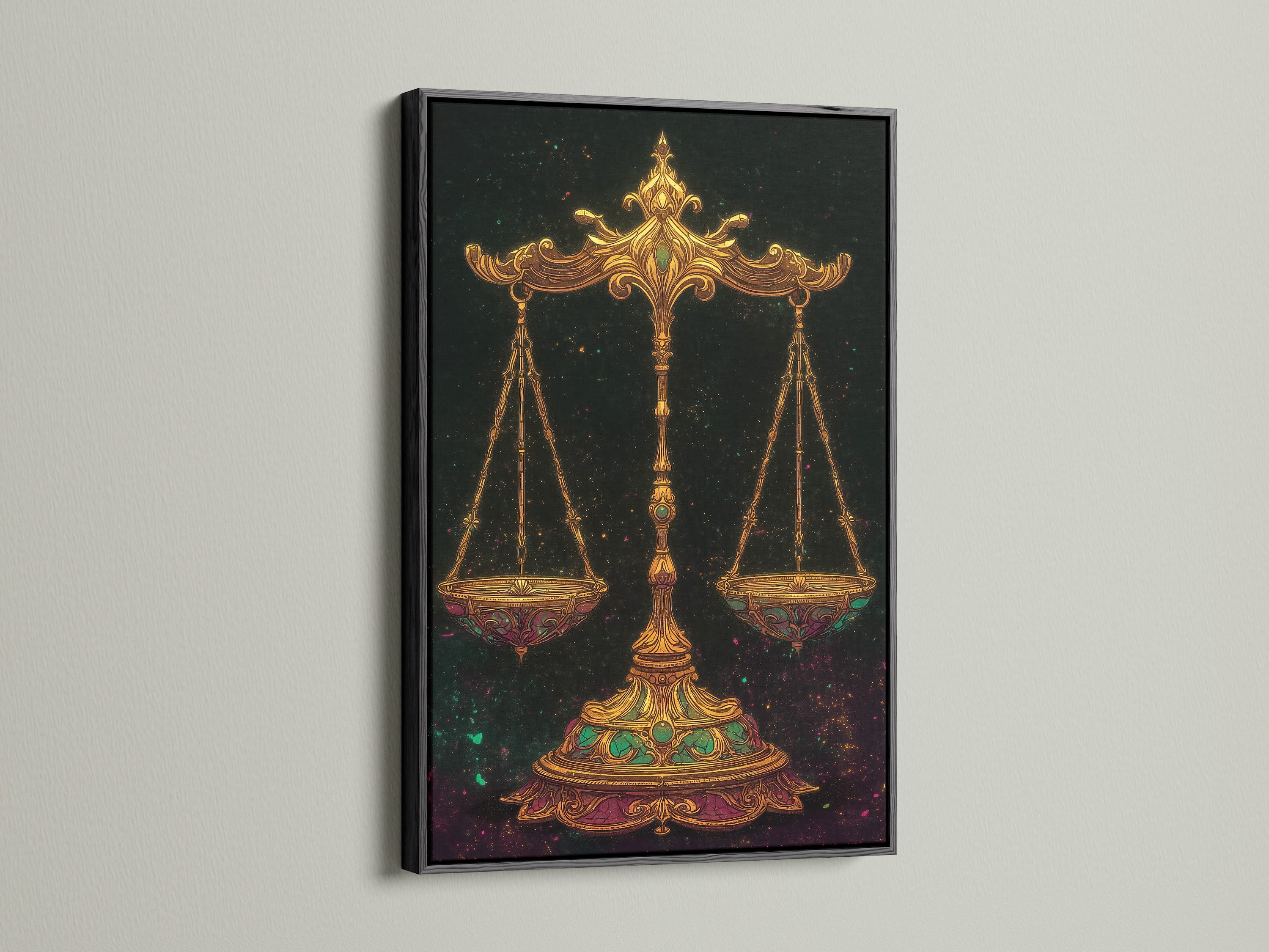 Add a touch of drama to your space with our striking Libra Zodiac Art Print. The black frame offers a bold contrast to this scales of justice artwork. Ideal for creating a sophisticated astrology wall art display. Enhance your home decor with this celestial print.