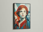 Retro Woman Art in a Black Frame. This vintage pop art style wall decor is perfect for a bedroom or office space. The artwork features red hair and teal orange hues. Elevate your space with this modern portrait.