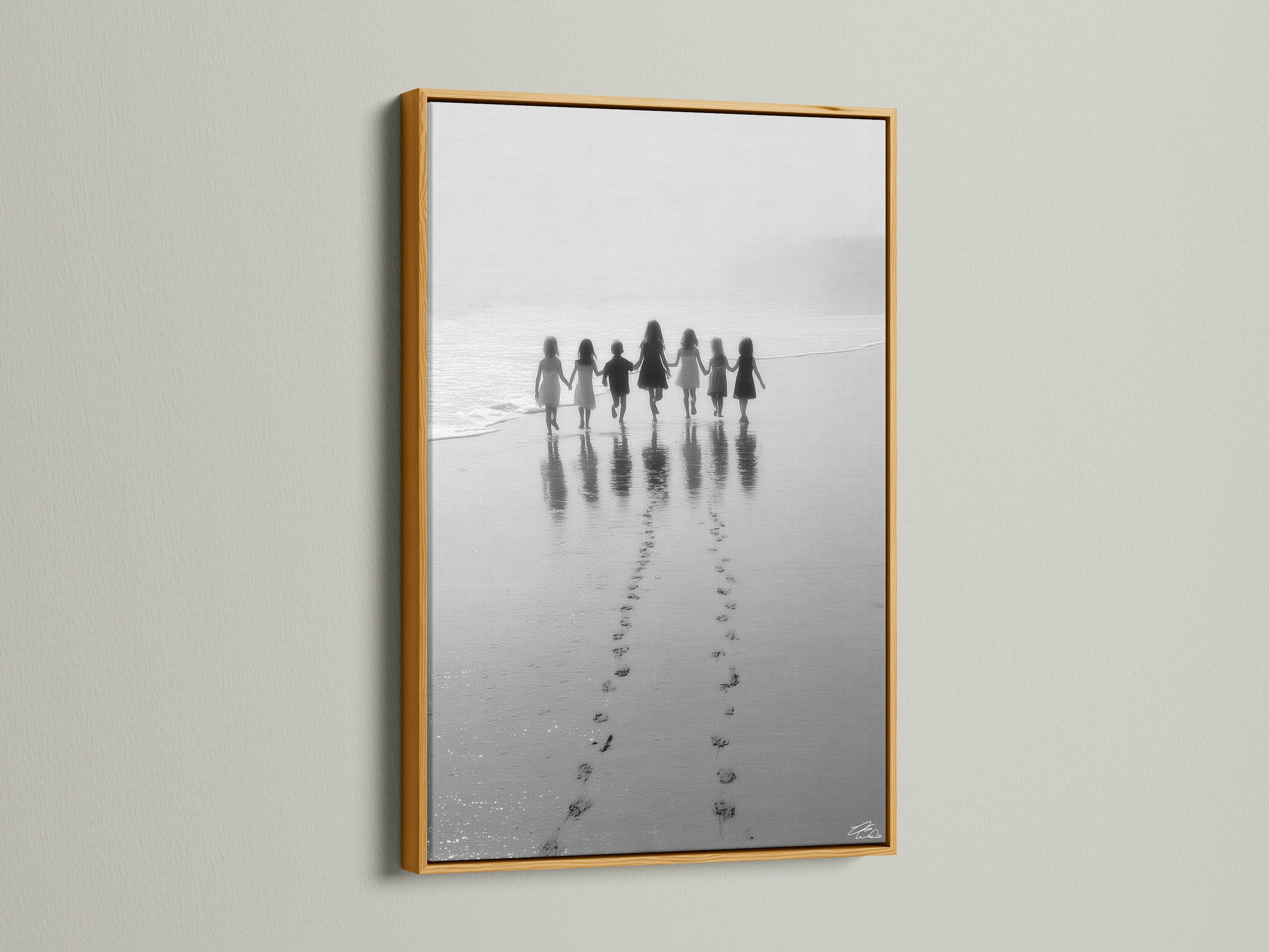 Elevate your space with the Beach Walk artwork in a gold frame. The children print is a beautiful black and white seascape. Ideal for nursery wall decor or coastal artwork. This minimalist art family photo adds a touch of luxury.