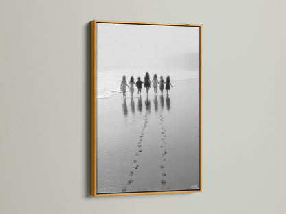 Elevate your space with the Beach Walk artwork in a gold frame. The children print is a beautiful black and white seascape. Ideal for nursery wall decor or coastal artwork. This minimalist art family photo adds a touch of luxury.