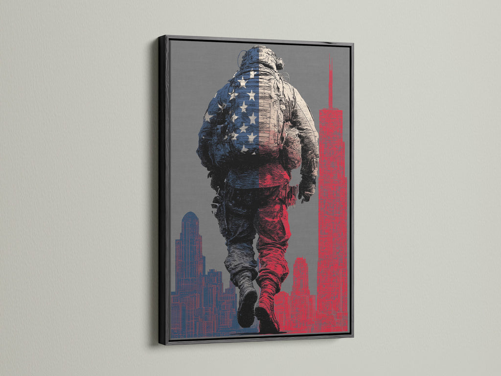 American Soldier canvas print in a black frame. This military wall art makes a statement. A great addition to any office or veteran memorial. Honor service with patriotic artwork.