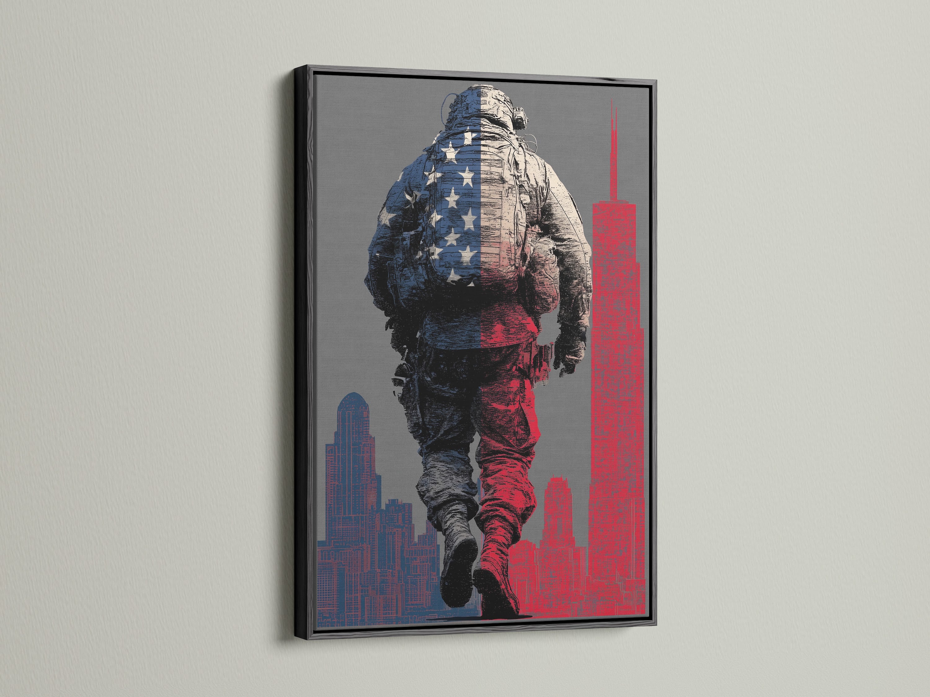 American Soldier canvas print in a black frame. This military wall art makes a statement. A great addition to any office or veteran memorial. Honor service with patriotic artwork.