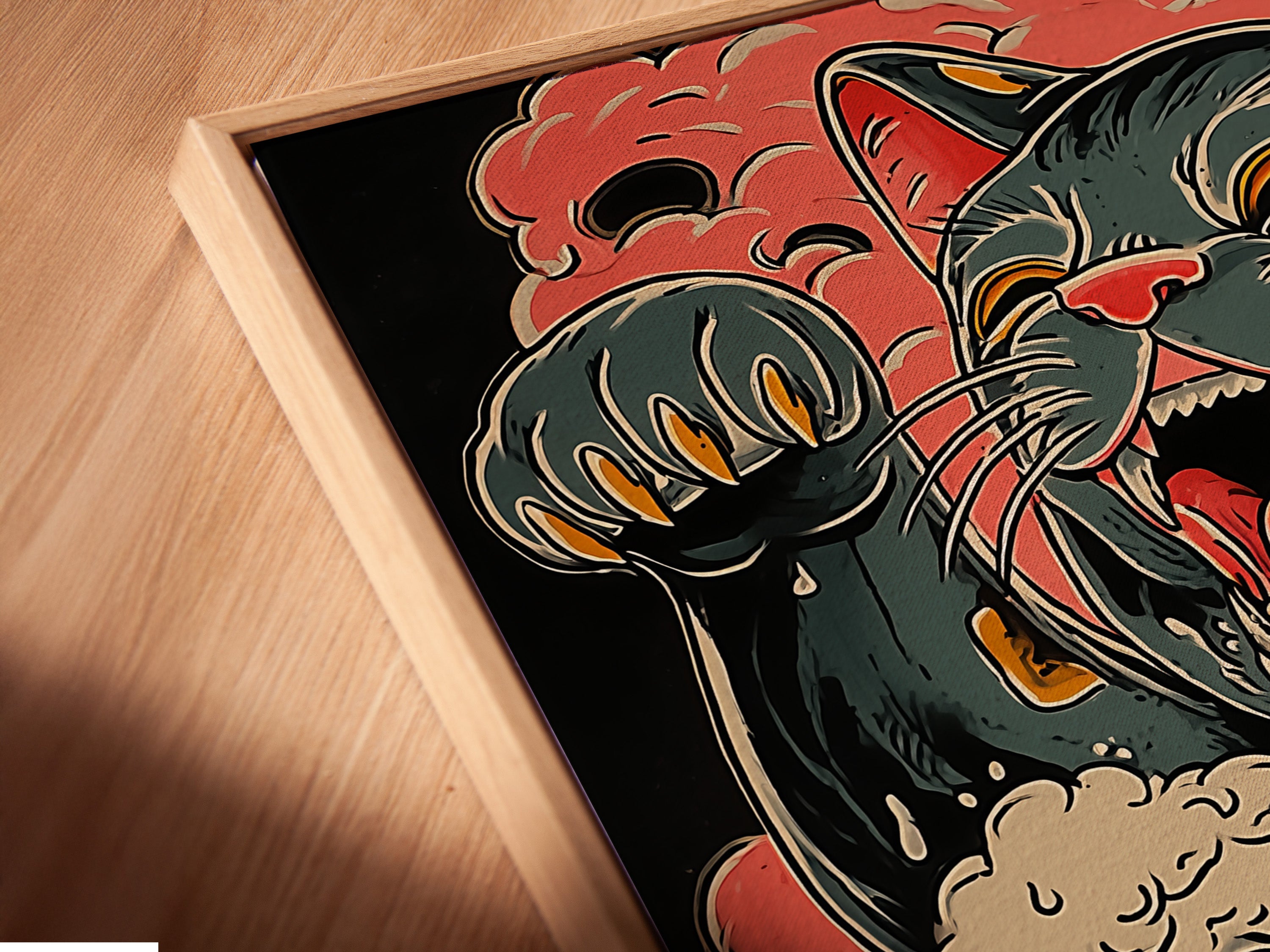 A close-up shot showcases a canvas print in a floating frame. The artwork features a cat holding a beer mug. This framing style adds depth and elegance. Perfect for modern artwork displays.