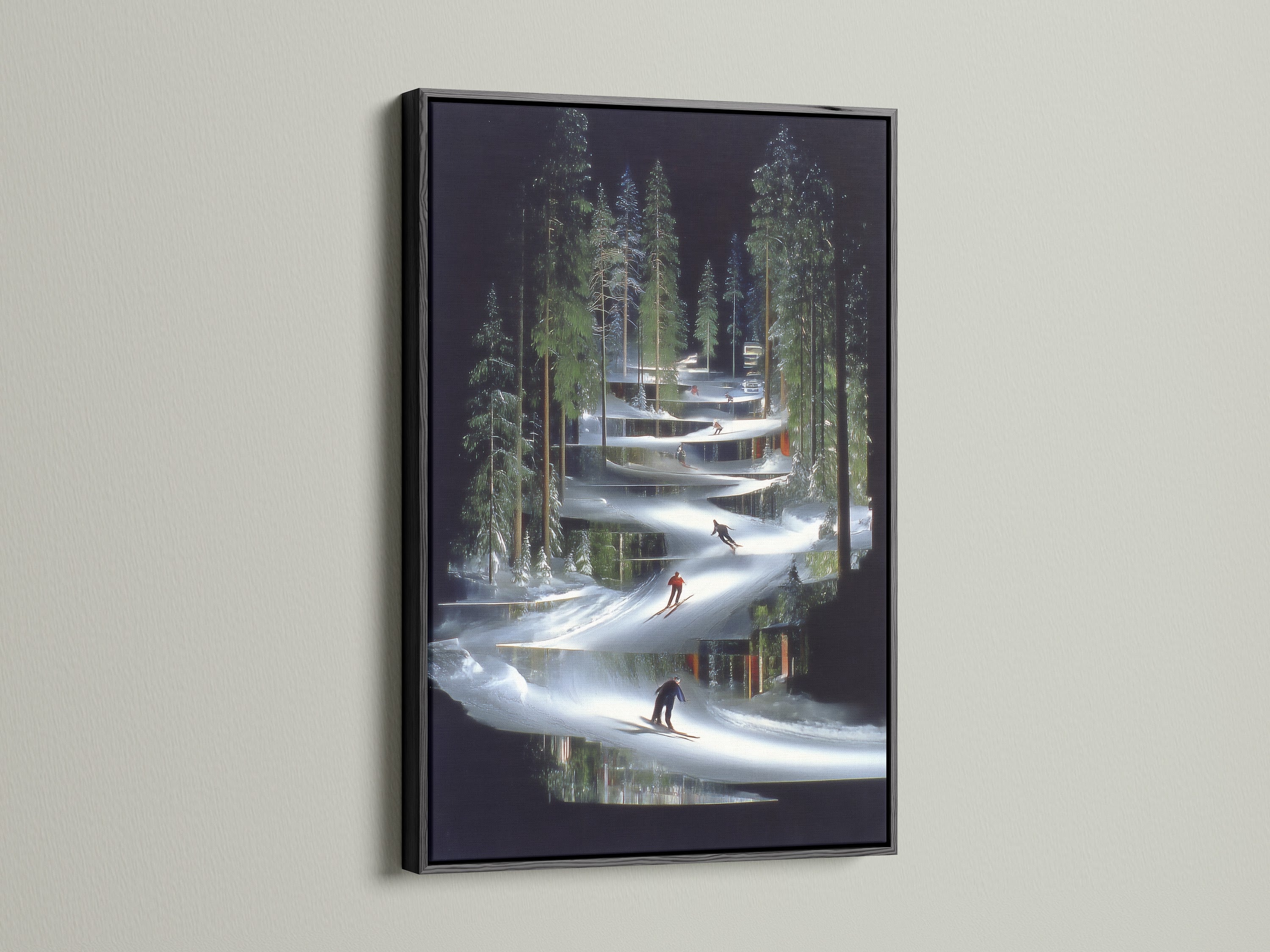 This modern ski resort artwork is showcased in a sleek black frame. This alpine wall art is perfect for a contemporary look. Enhance your bedroom with this winter sports print. A stylish choice for home decor.