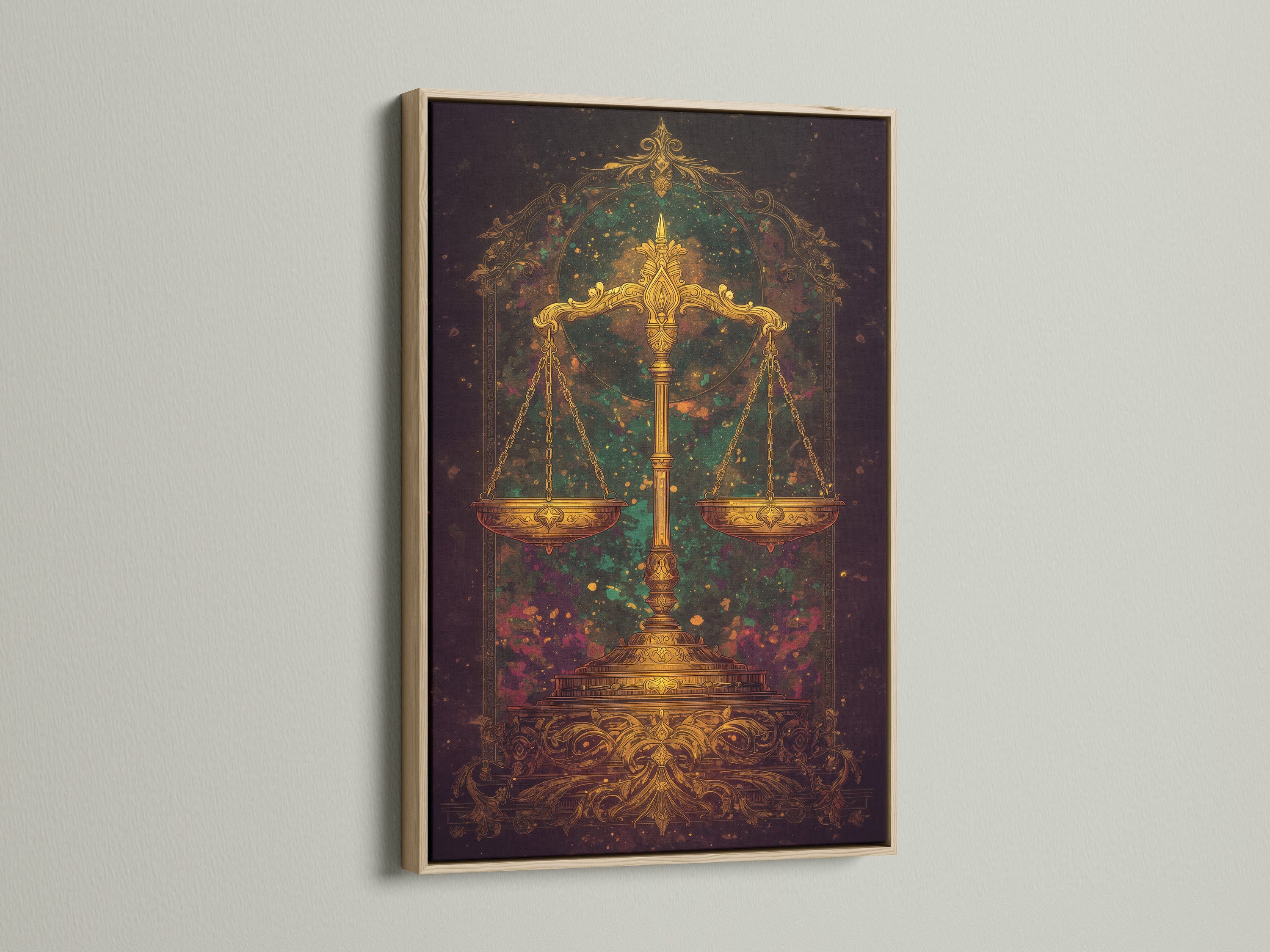 A detailed view shows a Justice Scales canvas print in an oak frame. The golden scales print provides vintage legal decor. This cosmic wall art is perfect for a law office adding baroque wall art to your walls.