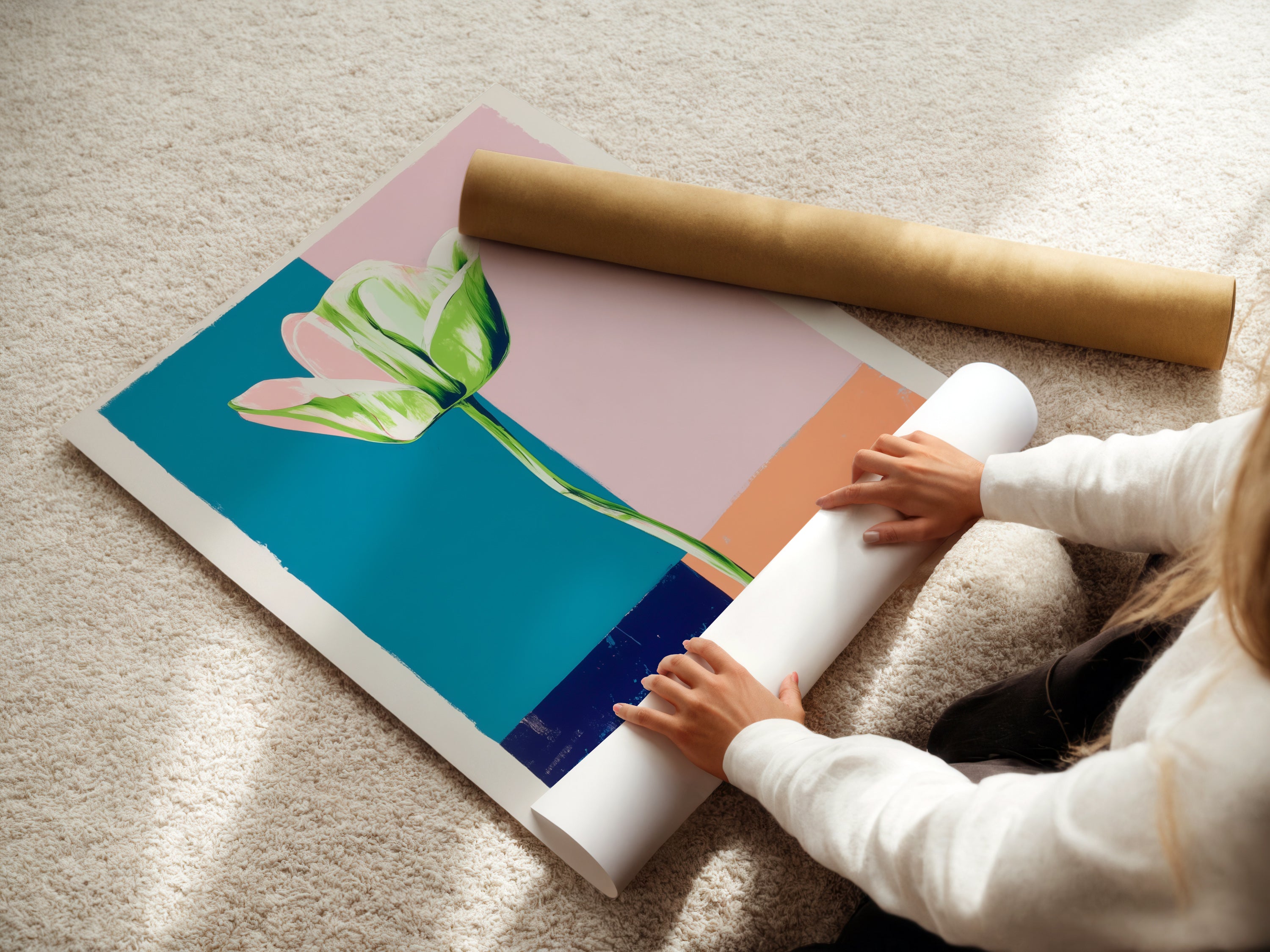 A woman carefully rolls a fine art poster paper print. The abstract tulip artwork is printed on high-quality paper. This ensures vibrant colors and lasting beauty. Perfect for art collectors and home decor enthusiasts.