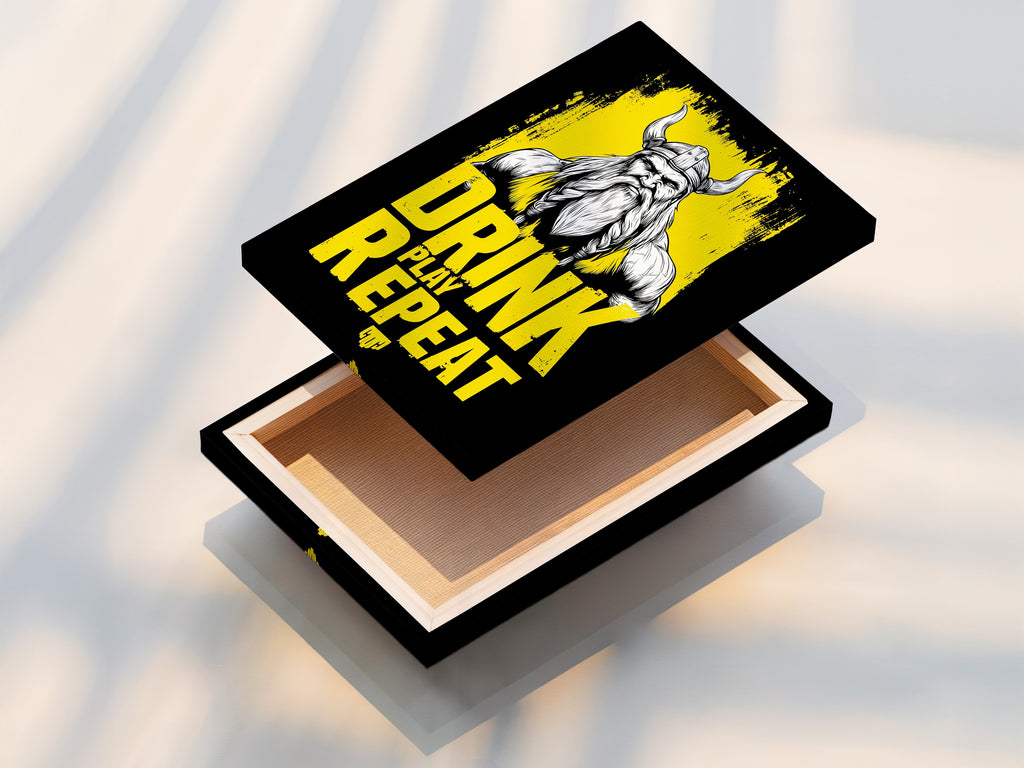 This image showcases a stretched canvas print of the Viking Warrior. This Nordic mythology art is perfect for man cave decor. The stretched canvas offers a gallery-ready look. It highlights the Drink Play Repeat artwork. This print is a must-have for any gaming or gym space.