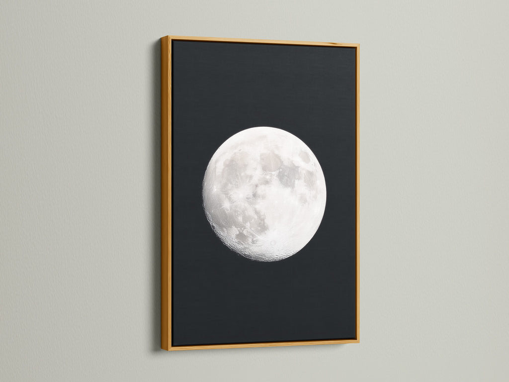 Full Moon lunar phase artwork with a gold frame. This celestial art enriches astronomy decor in bedrooms. Discover captivating moon phase art. This artwork merges space themed art with modern design. It's a unique astrology gift. Perfect as a night sky print. Ideal for full moon artwork and celestial print enthusiasts.