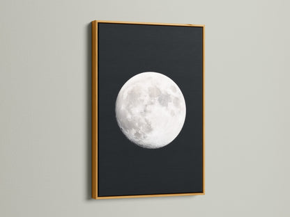 Full Moon lunar phase artwork with a gold frame. This celestial art enriches astronomy decor in bedrooms. Discover captivating moon phase art. This artwork merges space themed art with modern design. It's a unique astrology gift. Perfect as a night sky print. Ideal for full moon artwork and celestial print enthusiasts.