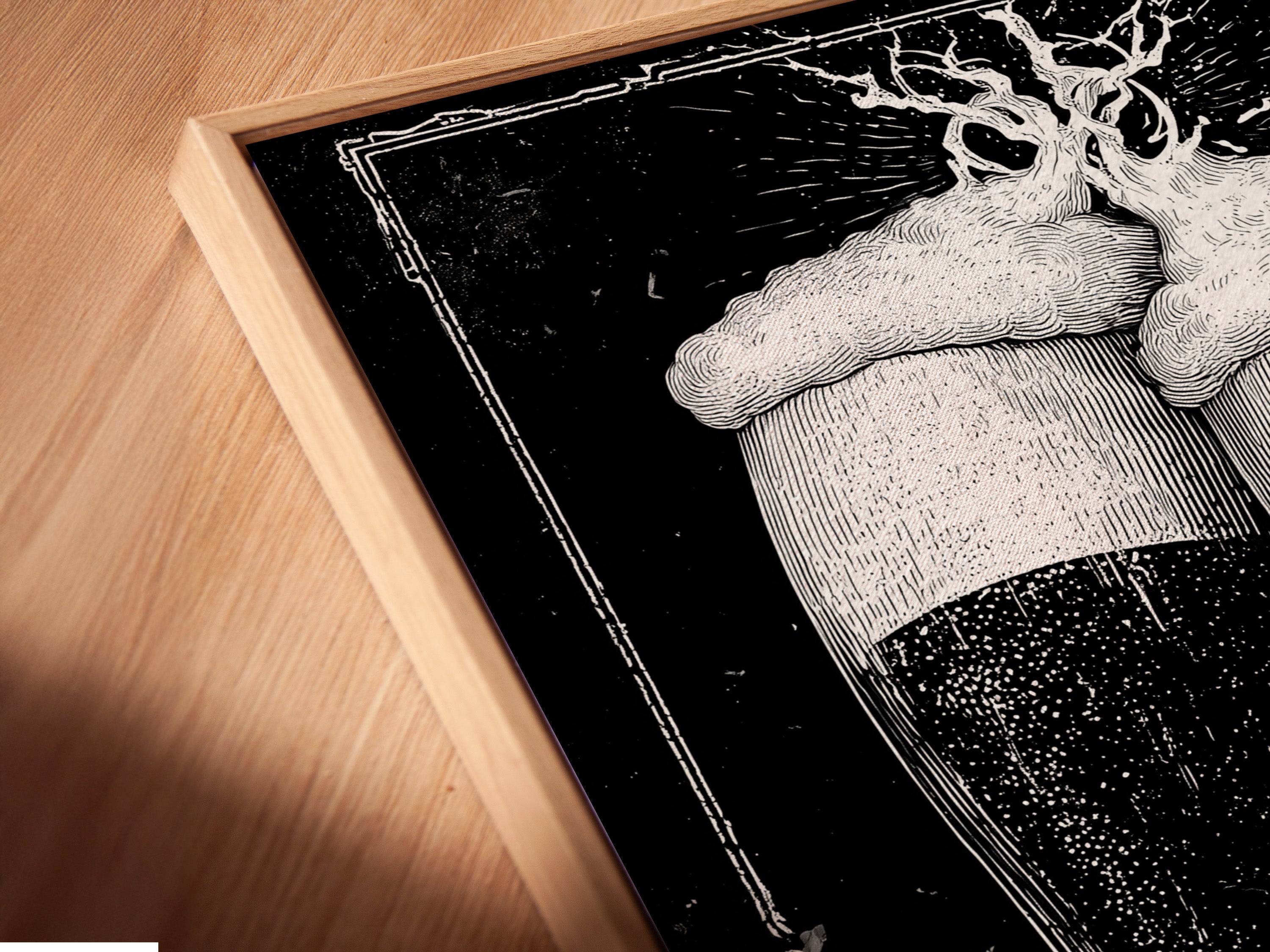 Angled close up of canvas print artwork. This piece is in a floating frame. The art features two beer glasses in black and white tones. The floating frame adds a modern touch. See the detail and quality of our canvas prints. Perfect for any room or decor.