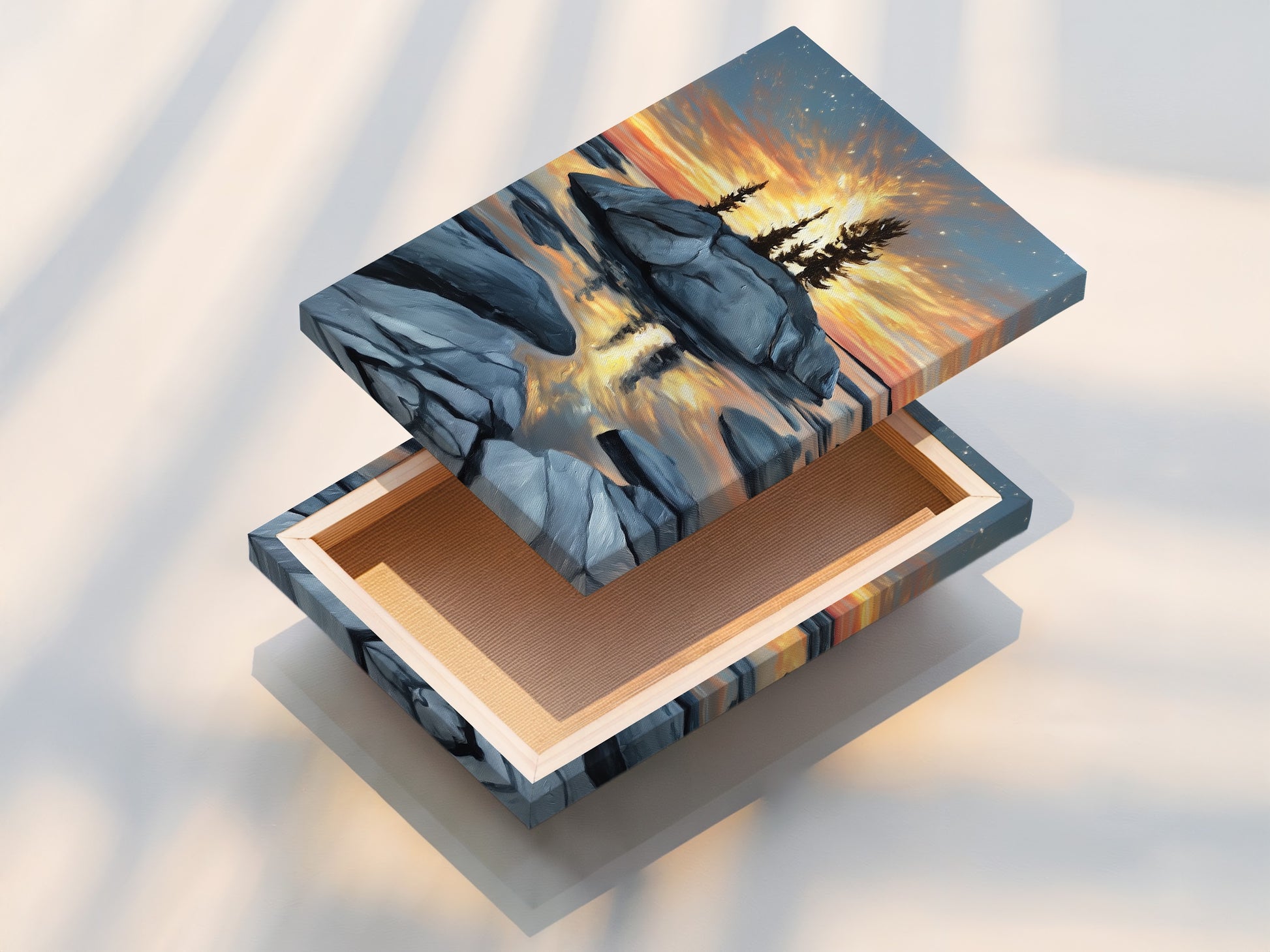 Stretched canvas print of coastal sunset artwork. Island rock wall art captures a golden hour seascape. Ideal for homeowners and interior decorators seeking coastal rustic or nature-inspired styles. Calming artwork