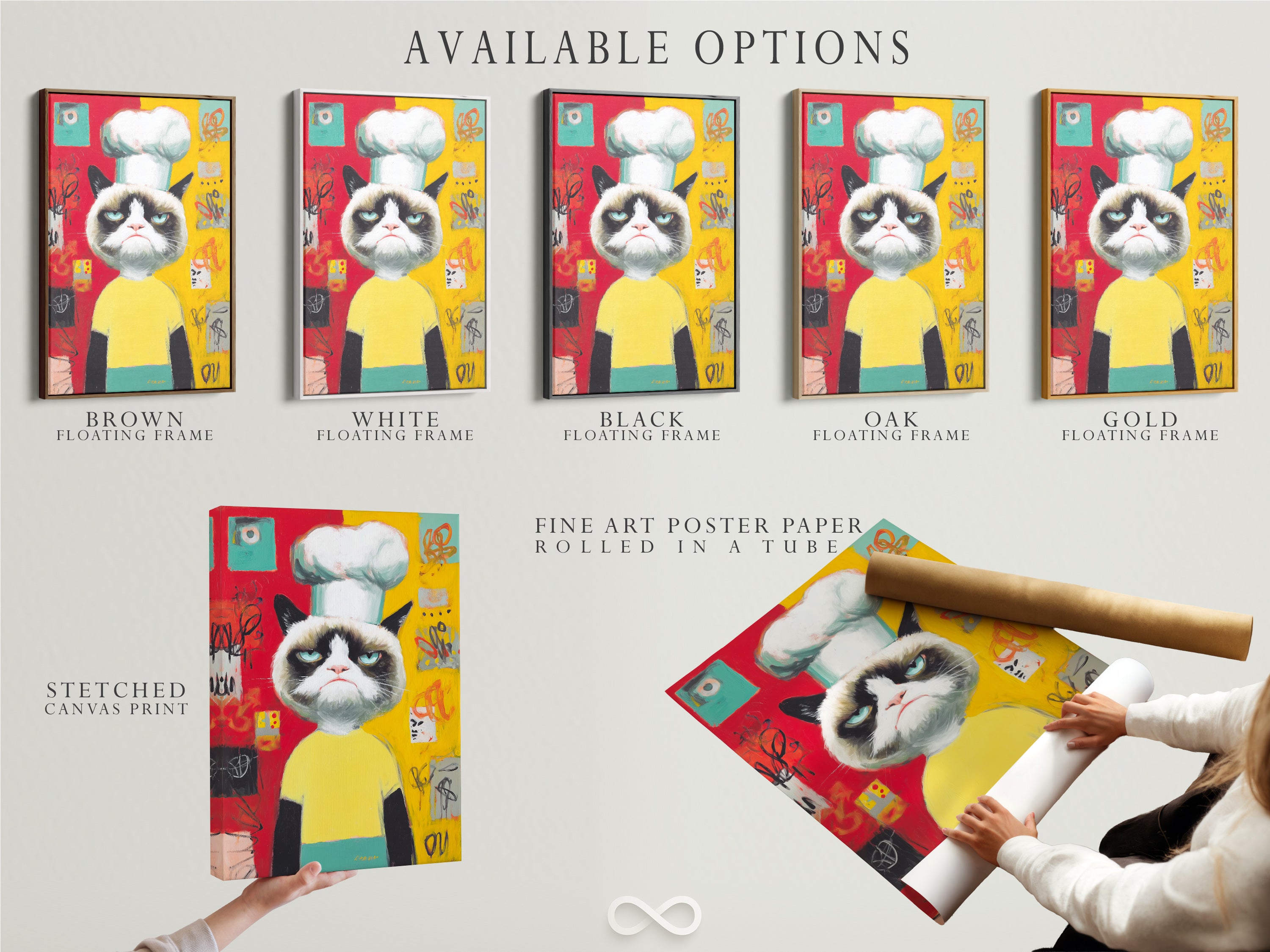 Explore the available options for the Chef Cat Wall Art. Choose from a stretched canvas print a fine art poster paper or a floating frame. Customize your artwork to match your style and decor needs. Find the perfect cat artwork.