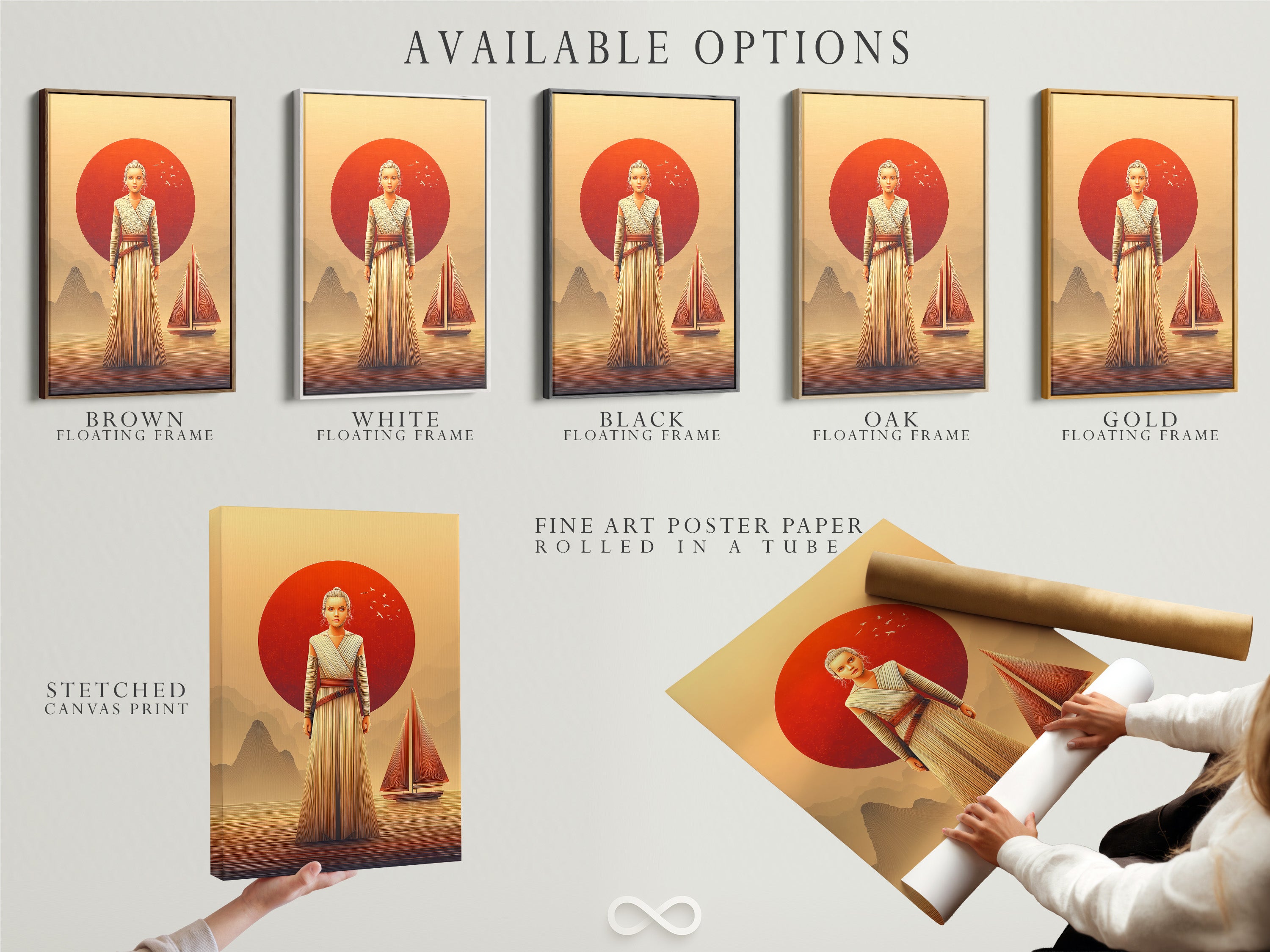 Explore the available options for this Rey Star Wars art. Options include a stretched canvas print a fine art poster paper and a floating frame. Customize your sci-fi wall art to fit your style. Get your desert sunset art today