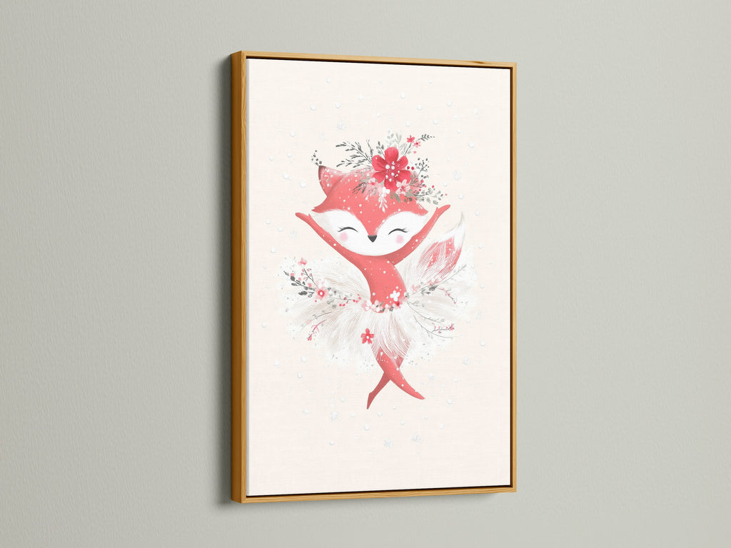 This image features a fox ballerina artwork in a luxurious gold frame adding a touch of opulence to nursery decor. The cute animal art print is perfect for creating a whimsical ballet decor theme. It enhances any space with its floral wall decor and heartwarming animal art.