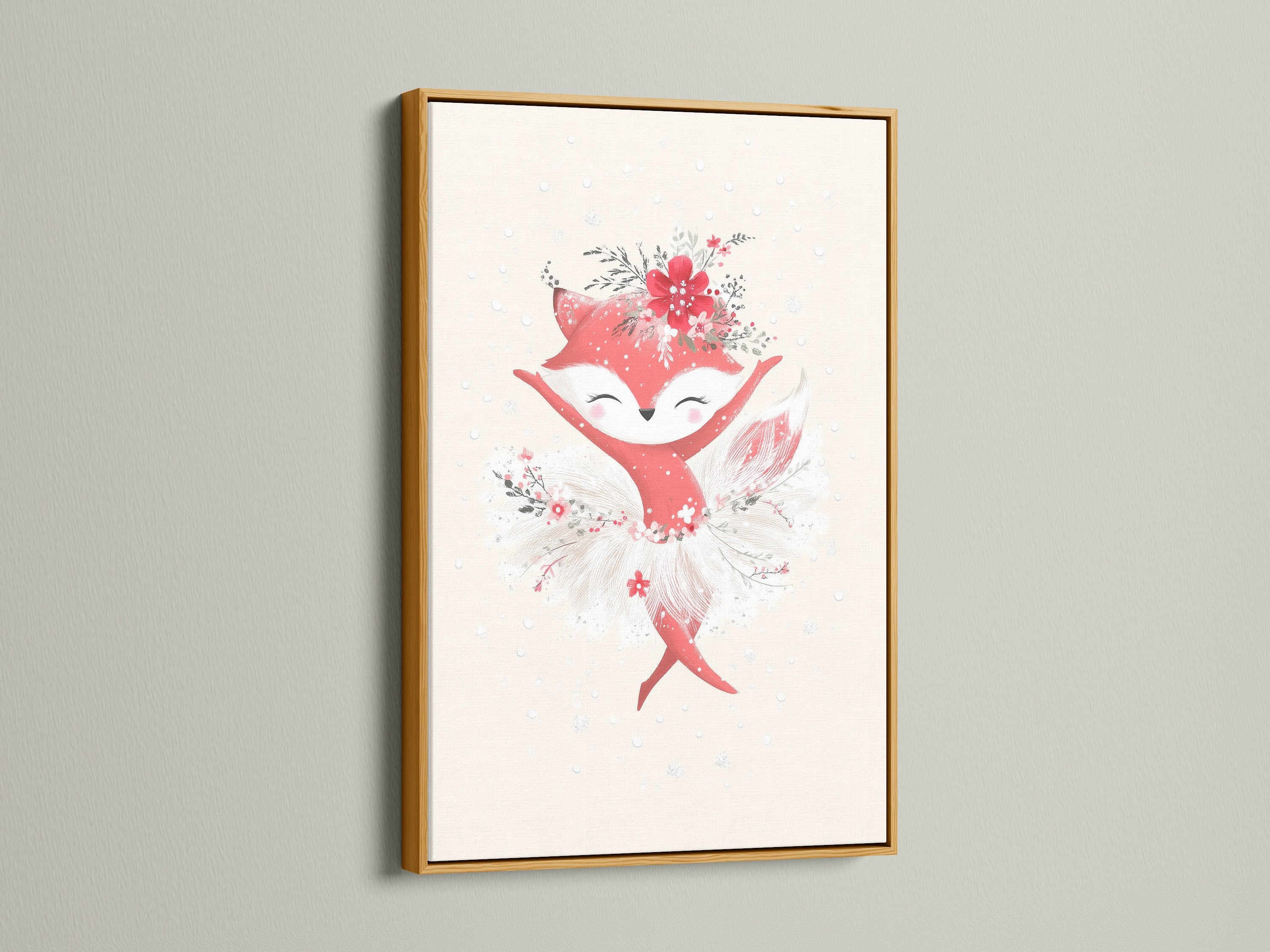 This image features a fox ballerina artwork in a luxurious gold frame adding a touch of opulence to nursery decor. The cute animal art print is perfect for creating a whimsical ballet decor theme. It enhances any space with its floral wall decor and heartwarming animal art.