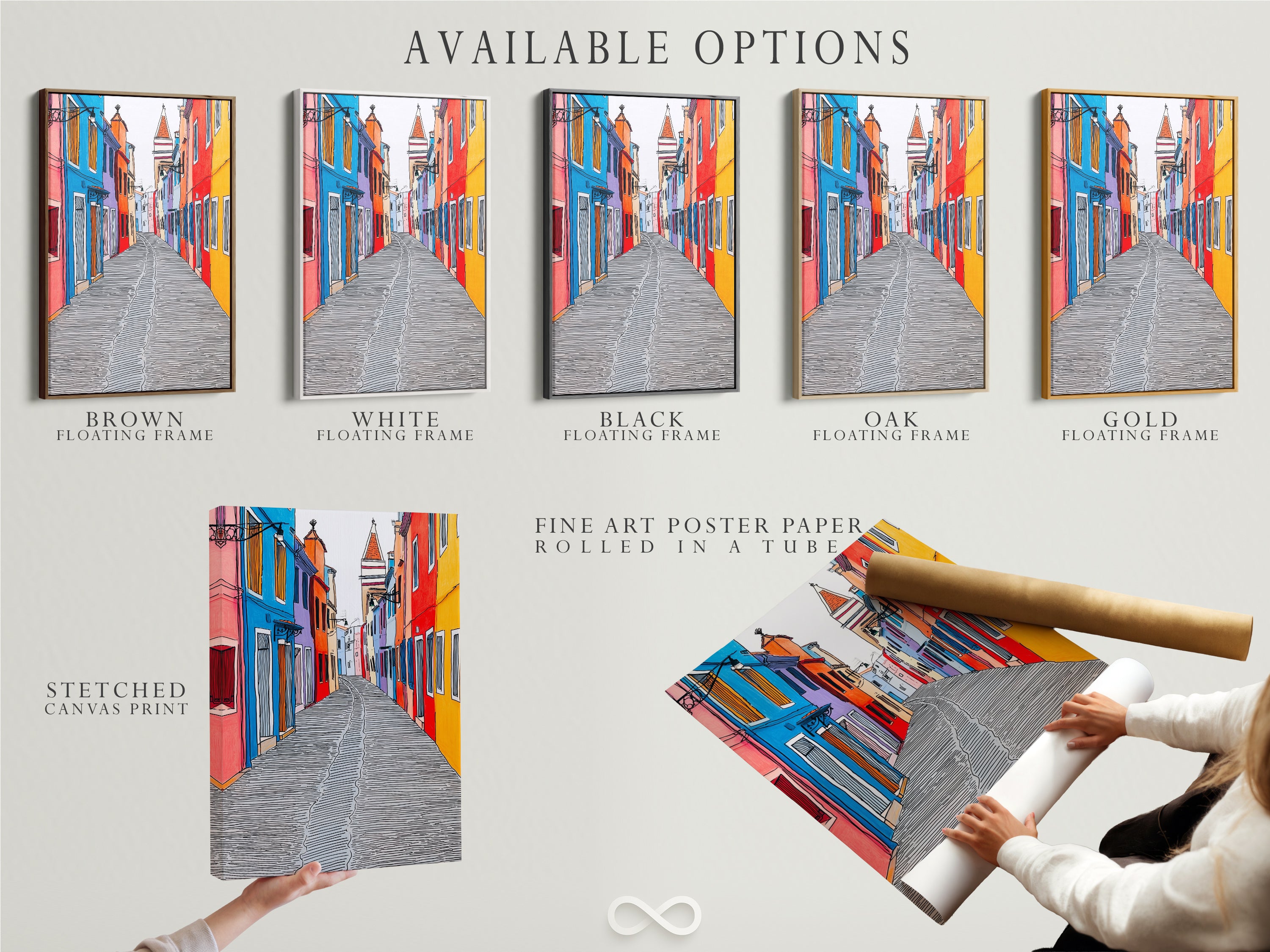 Available options for the Burano Italy artwork including a stretched canvas print fine art poster paper and floating frame. Choose the perfect format to showcase this colorful Italian architecture in your space. The options are great for homeowners renters and interior designers.