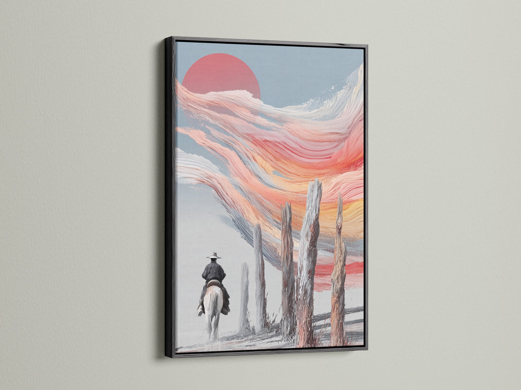 Equestrian print in a sleek black frame. The black frame enhances the modern feel of the wall art. This cowboy art captures the essence of the southwest. It is a striking piece for any art collection.