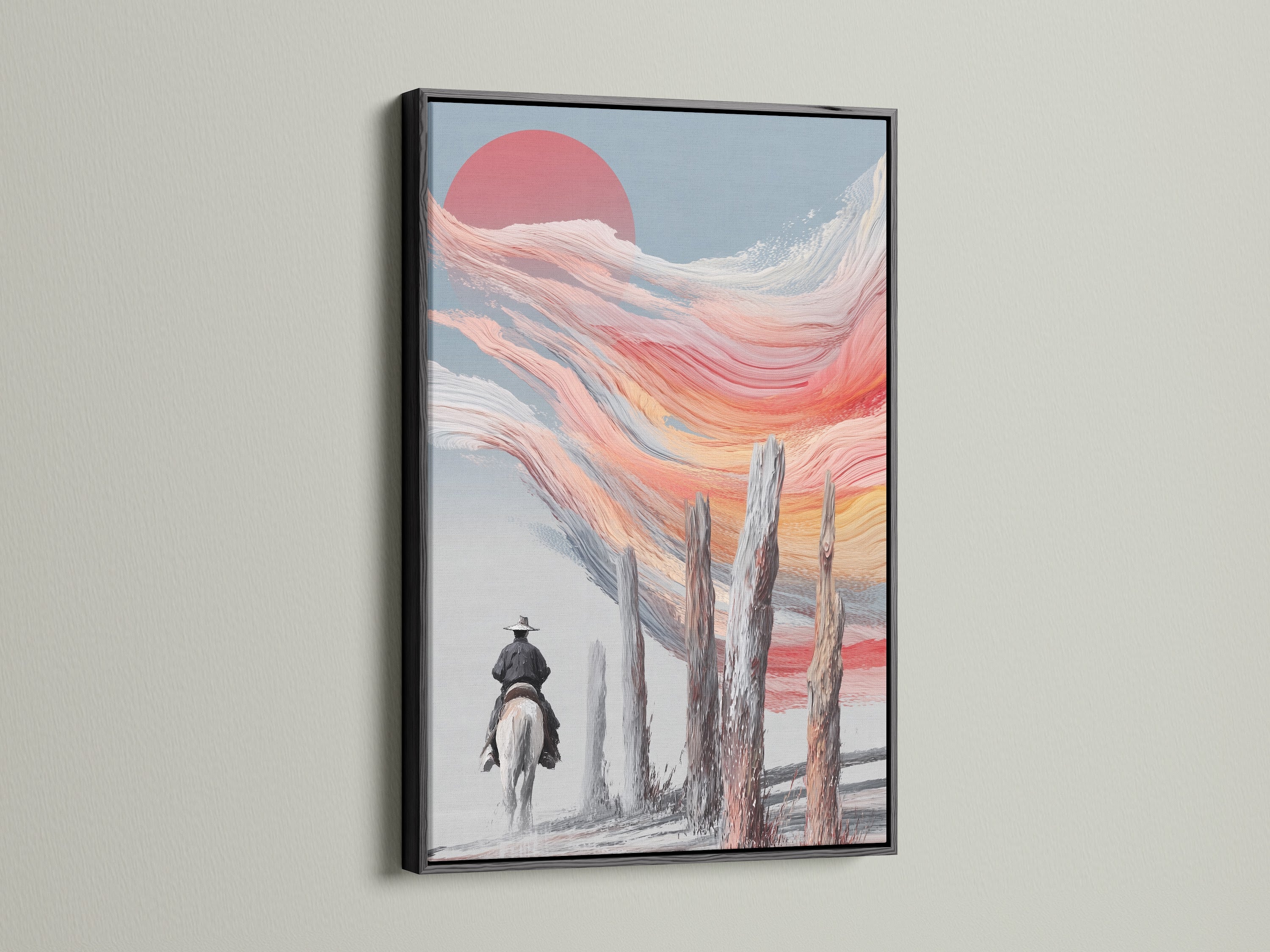 Equestrian print in a sleek black frame. The black frame enhances the modern feel of the wall art. This cowboy art captures the essence of the southwest. It is a striking piece for any art collection.