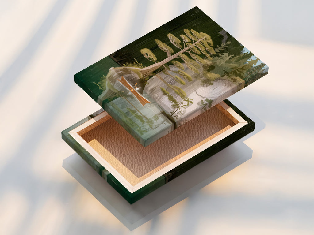 Close-up of a stretched canvas print featuring the Lake and Canoe artwork. The stretched canvas provides a clean frameless look. It allows the nature scene to take center stage. Perfect for creating a modern and inviting atmosphere. Discover our range of rustic wall art.