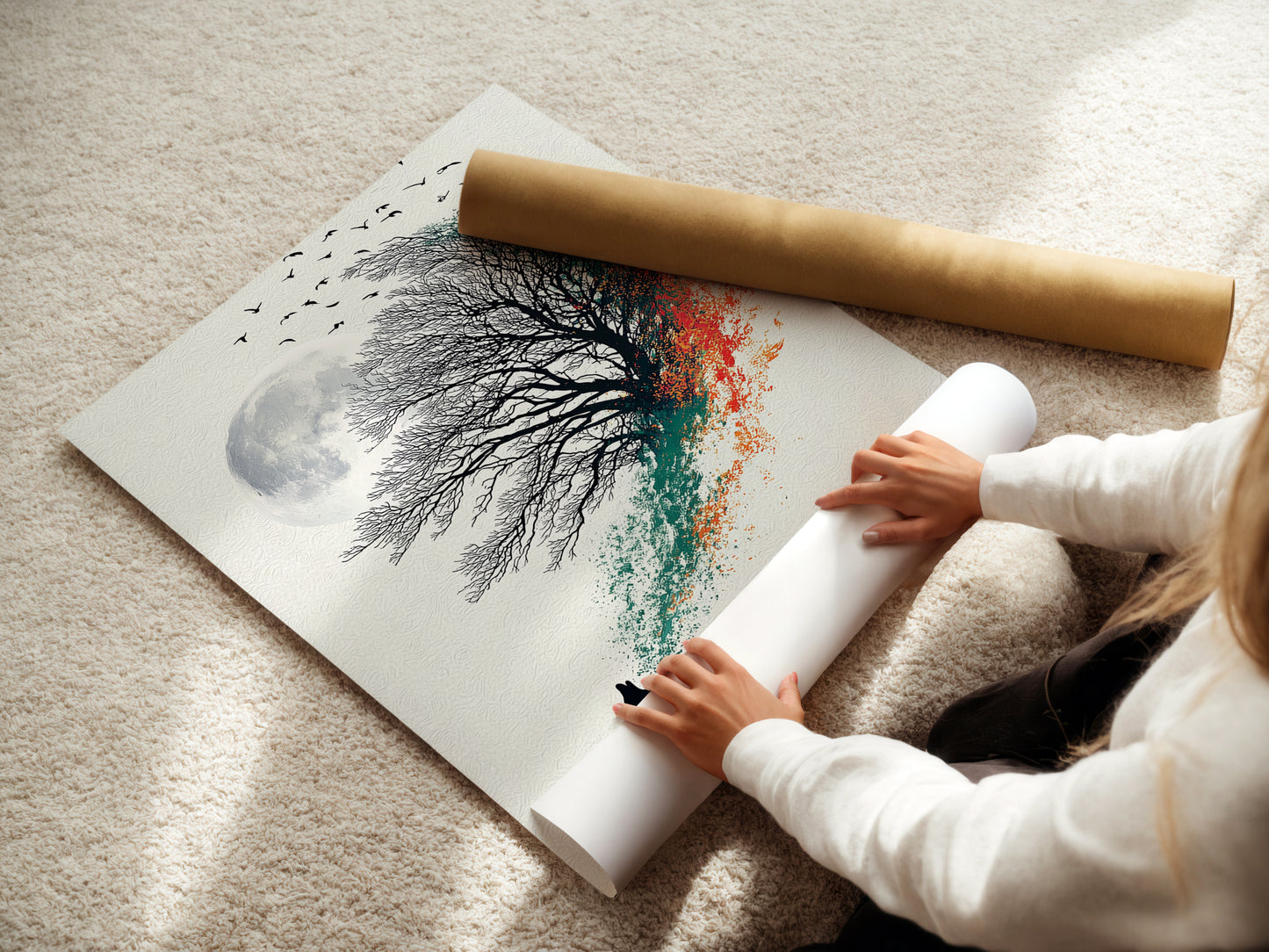 A woman is carefully rolling a fine art poster paper. This is for a wolf and moon artwork. The poster will make great coastal wall art. Perfect for teal art prints. Consider orange wall decor. It makes great bedroom art. The howling wolf is stunning.