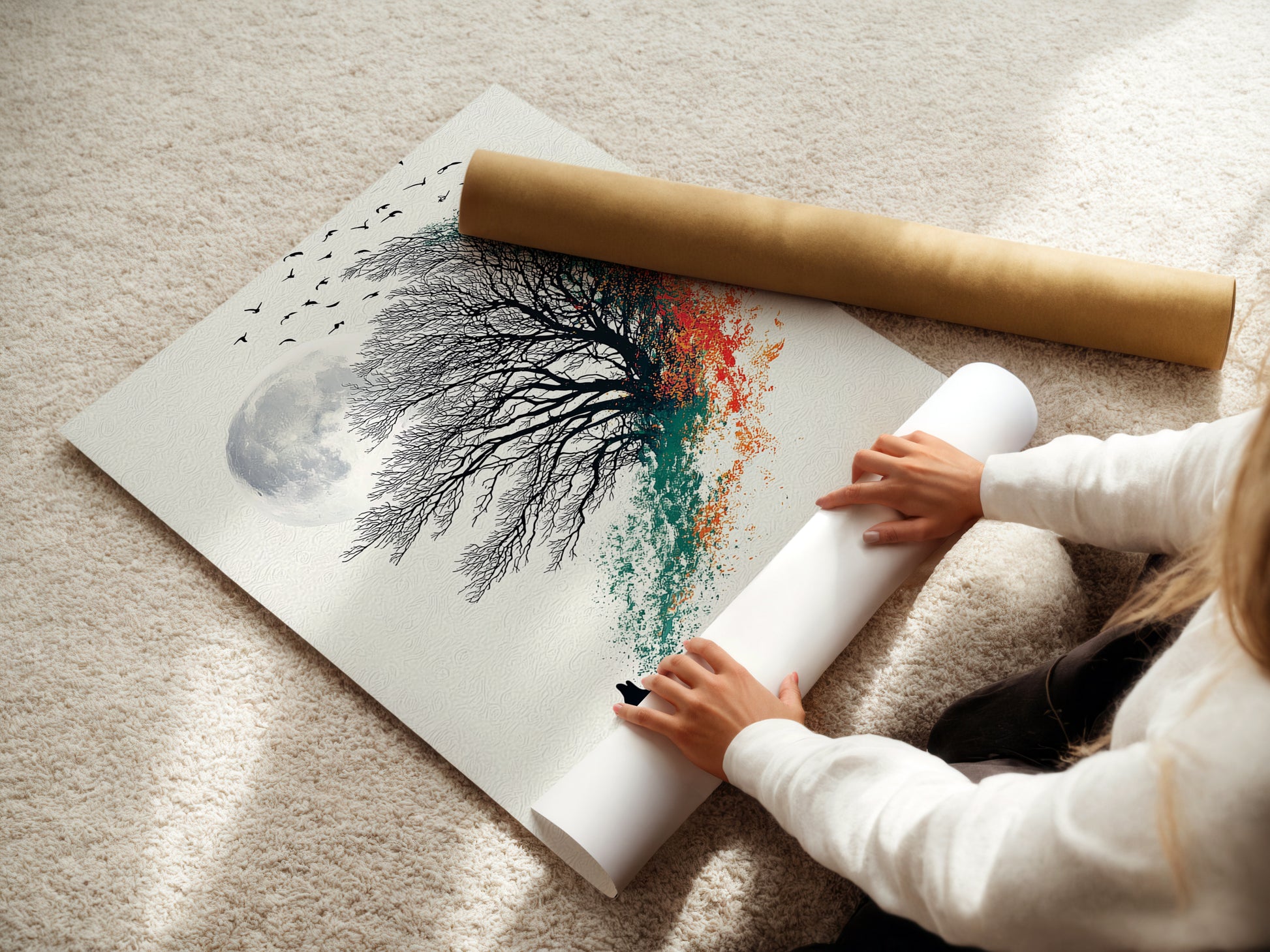 A woman is carefully rolling a fine art poster paper. This is for a wolf and moon artwork. The poster will make great coastal wall art. Perfect for teal art prints. Consider orange wall decor. It makes great bedroom art. The howling wolf is stunning.