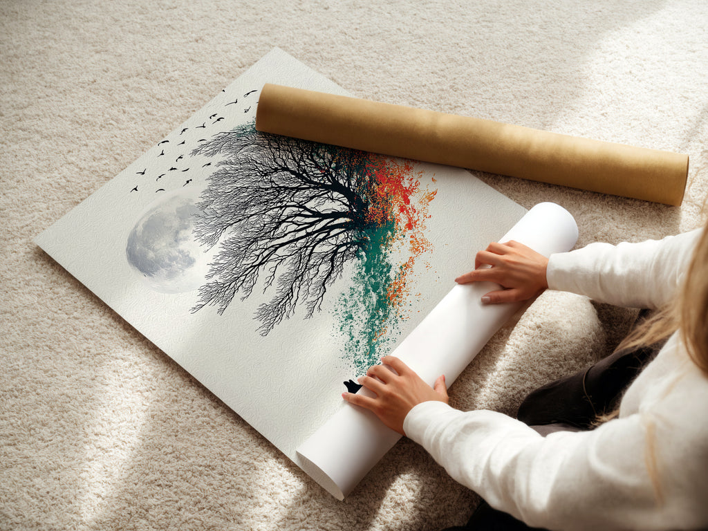 This image shows a woman carefully rolling a fine art poster paper print. The poster features the wolf howling at the moon artwork. The mystical tree coastal wall art is perfect for adding a touch of nature to your space. Get ready to frame this beautiful artwork.