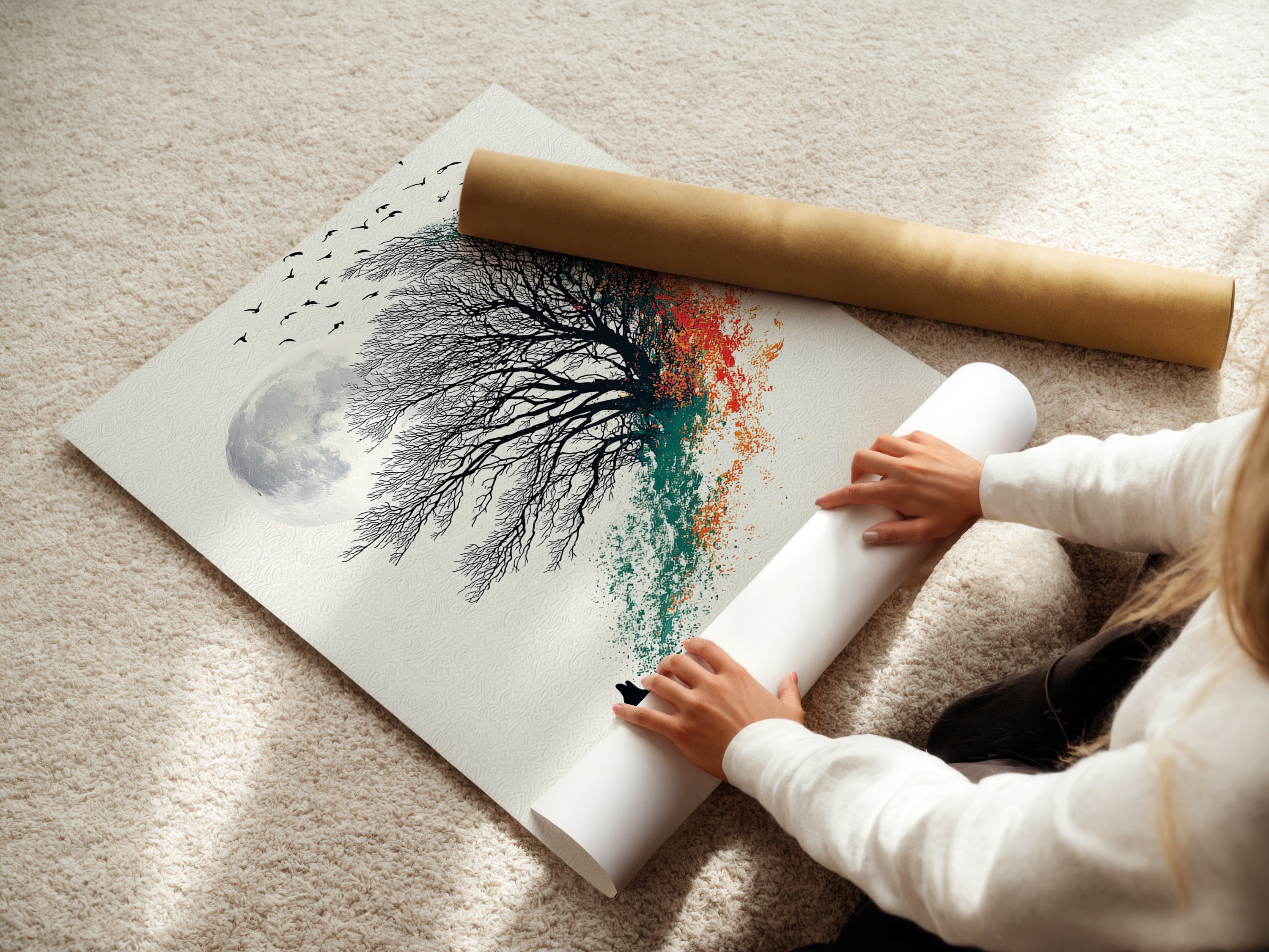 This image shows a woman carefully rolling a fine art poster paper print. The poster features the wolf howling at the moon artwork. The mystical tree coastal wall art is perfect for adding a touch of nature to your space. Get ready to frame this beautiful artwork.