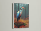 Discover the elegance of a white frame enhancing a heron canvas print. This modern nature artwork features a teal and orange bird. It's perfect for adding a coastal touch to your decor. Ideal for minimalist Scandinavian or eclectic styles. Explore bird canvas prints and nature wall art.